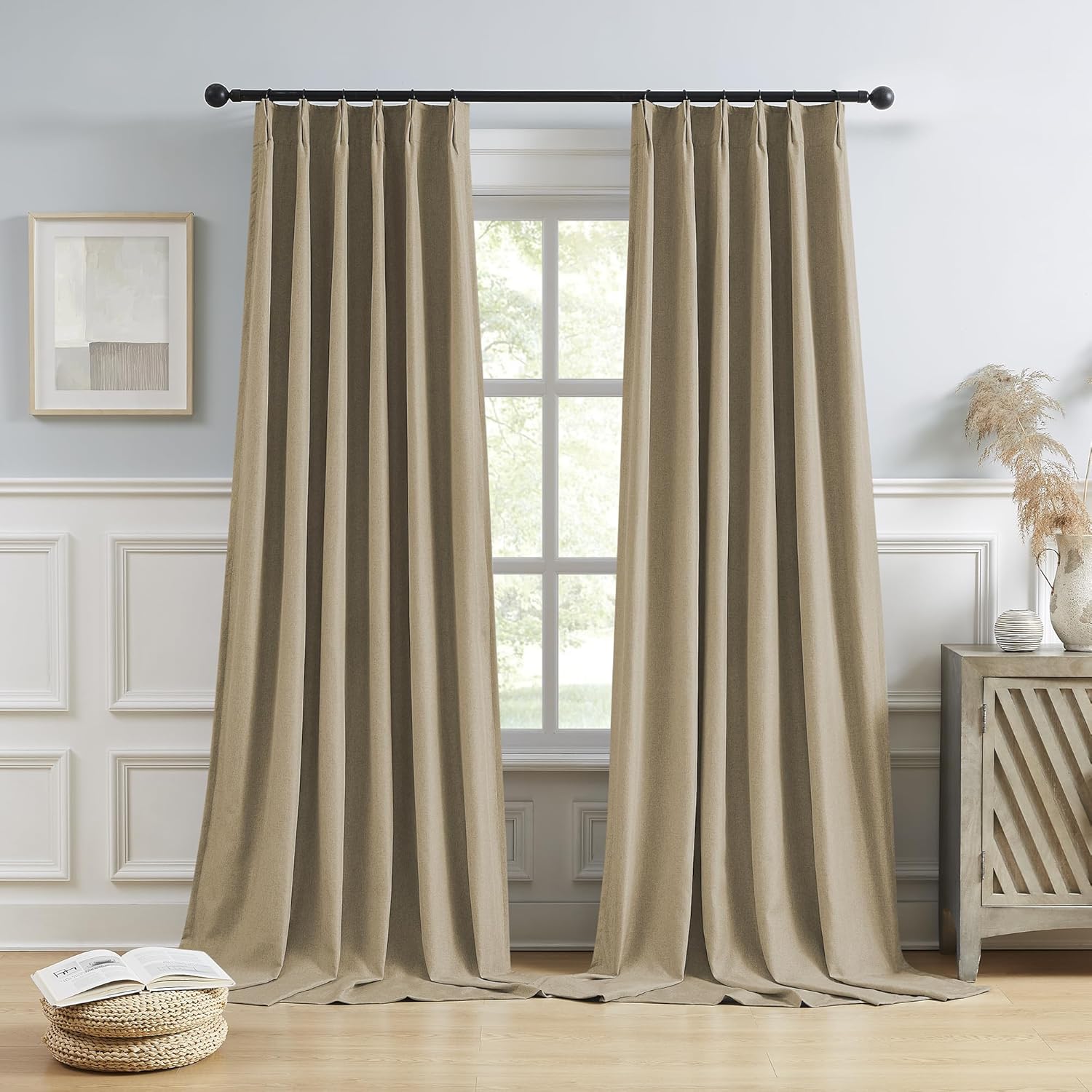 DUALIFE 104 Inch Linen Taupe Blackout Curtains for Bedroom,Pinch Pleated Custom...