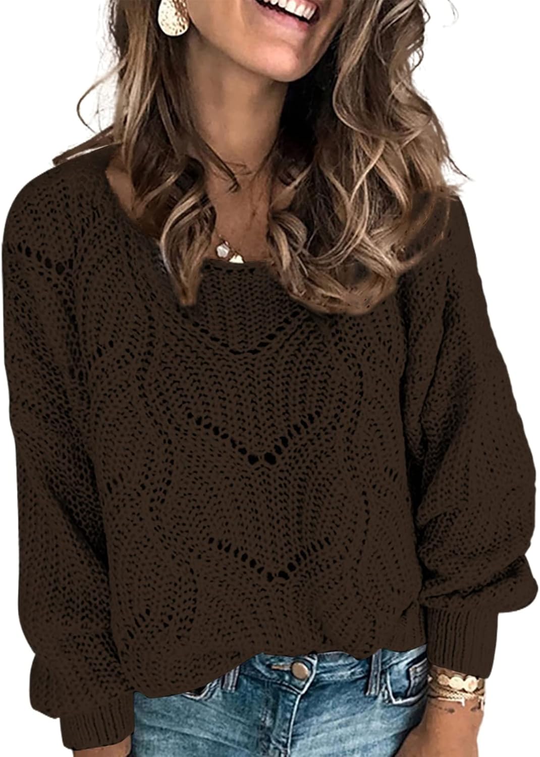 Dokotoo Womens Sweaters 2024 Crewneck Cute Elegant Soft Long Sleeve Hollow Cable...