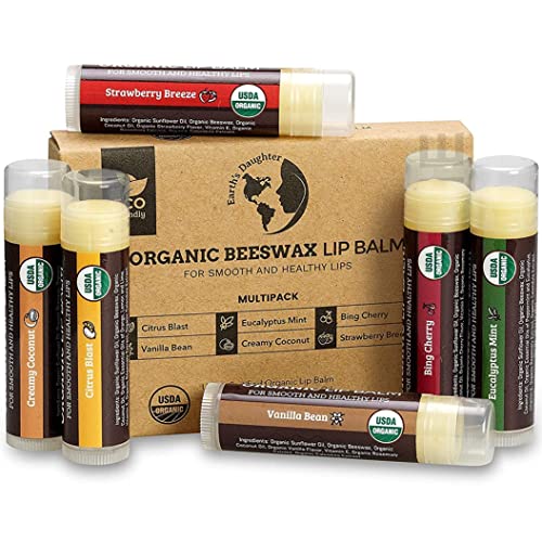 USDA Organic Lip Balm 6-Pack by Earth's Daughter - Fruit Flavors, Beeswax, Cocon...