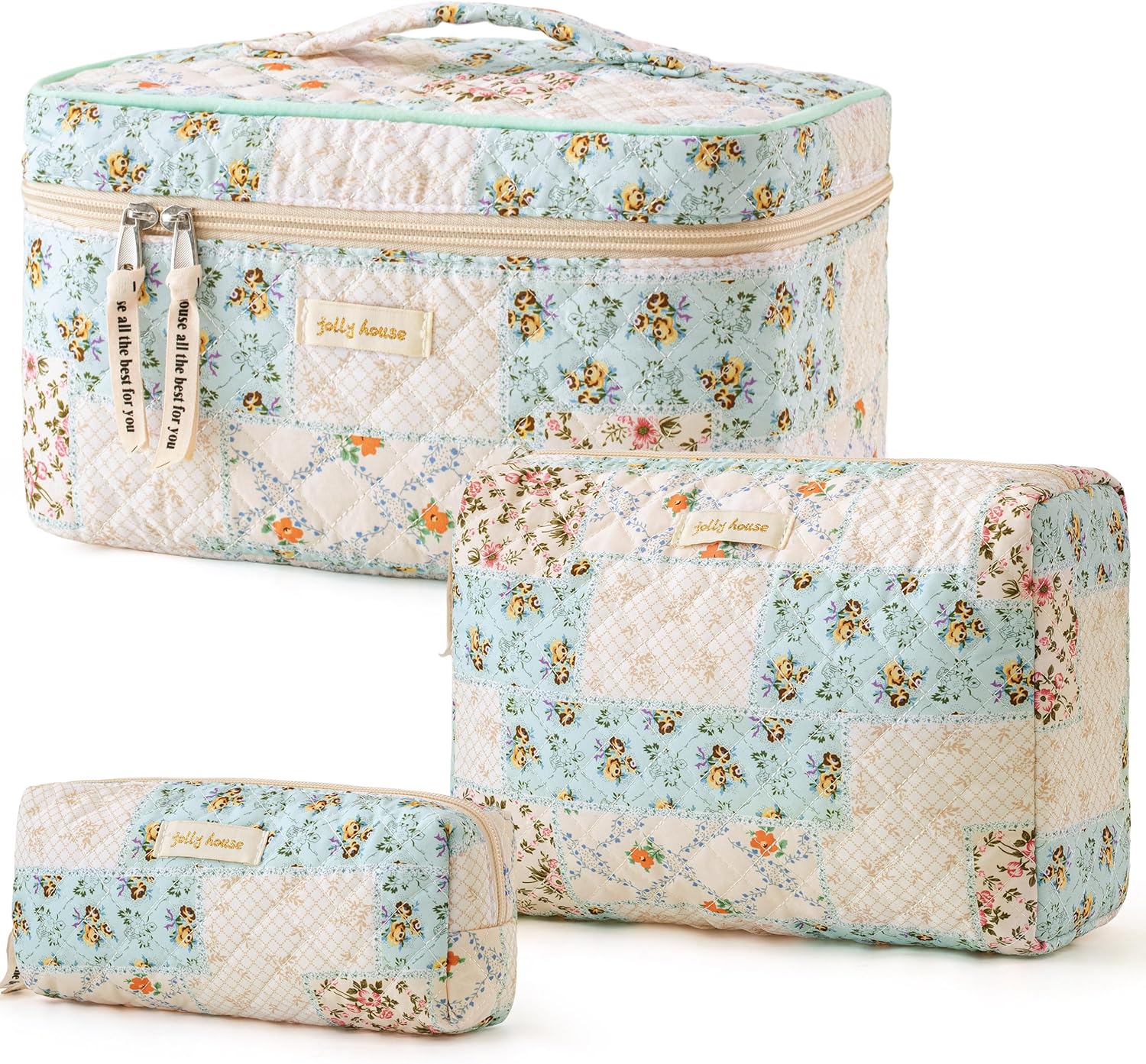HBselect Quilted Makeup Bag, 3PCS Cotton Large Travel Makeup Bag, Cute Floral Co...