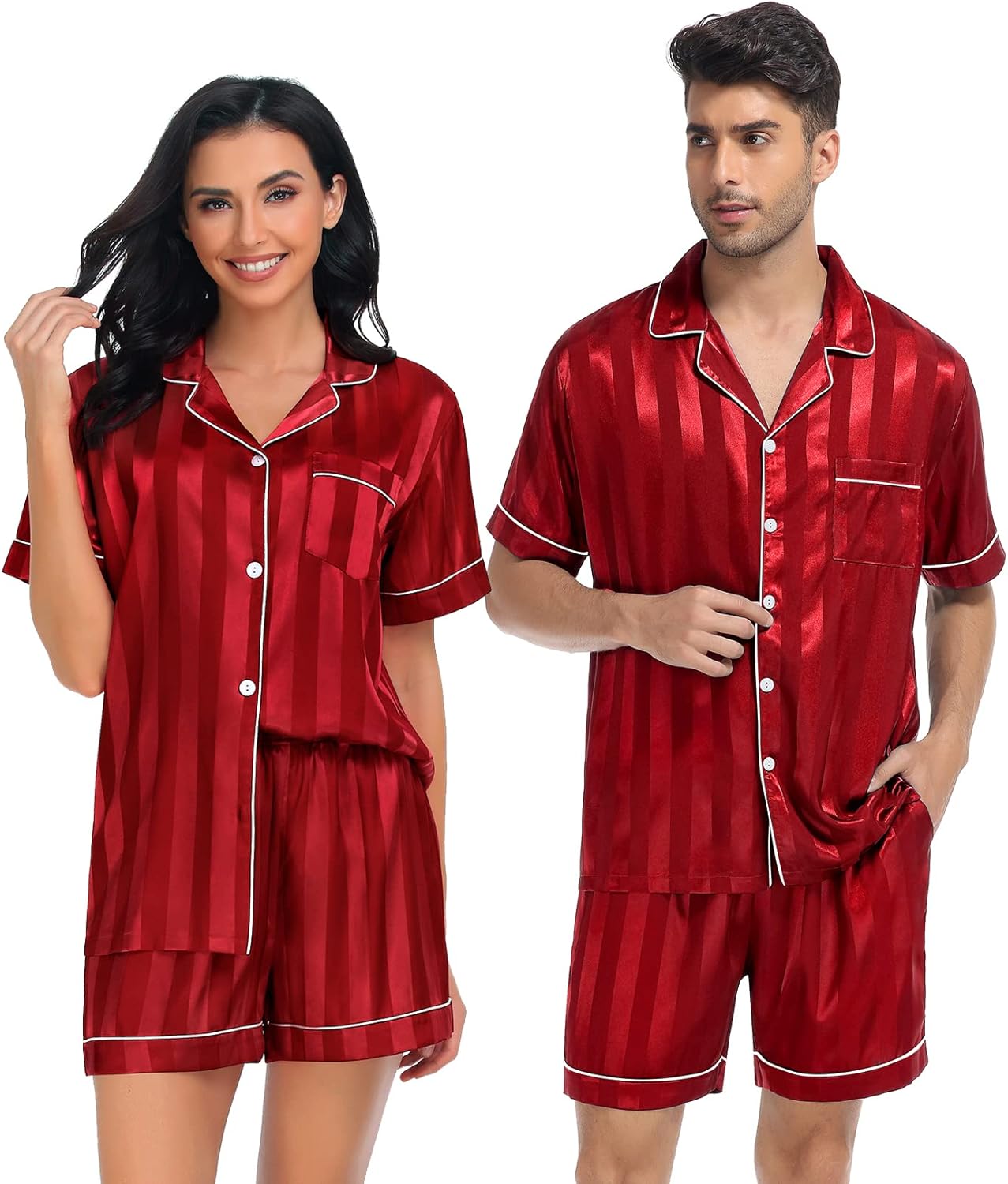SWOMOG Satin Matching Pajamas Sets Couple Silk Button Down Nightwear Women & Men...