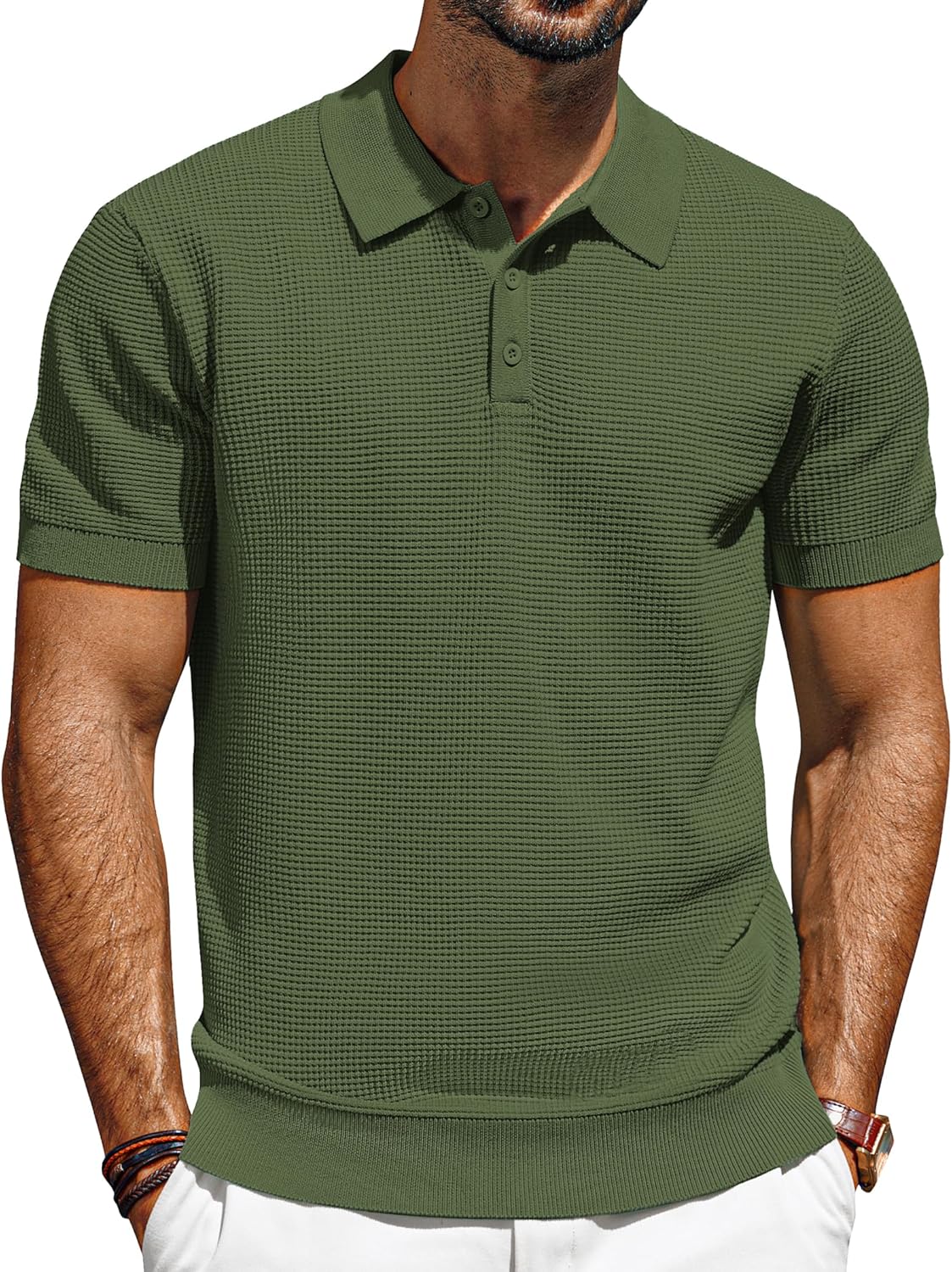 PJ PAUL JONES Knit Polo Shirts for Men Casual Short Sleeve Waffle Texture Polo G...