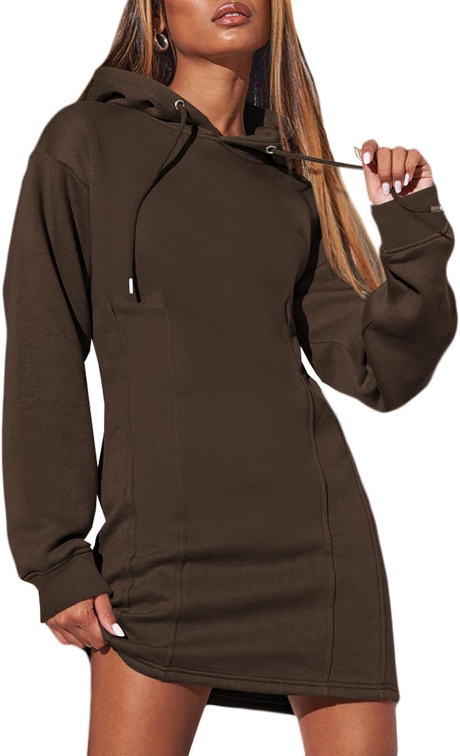 AlvaQ Womens Dresses Fall Winter 2024 Casual Long Sleeve Drawstring Pleated Hood...