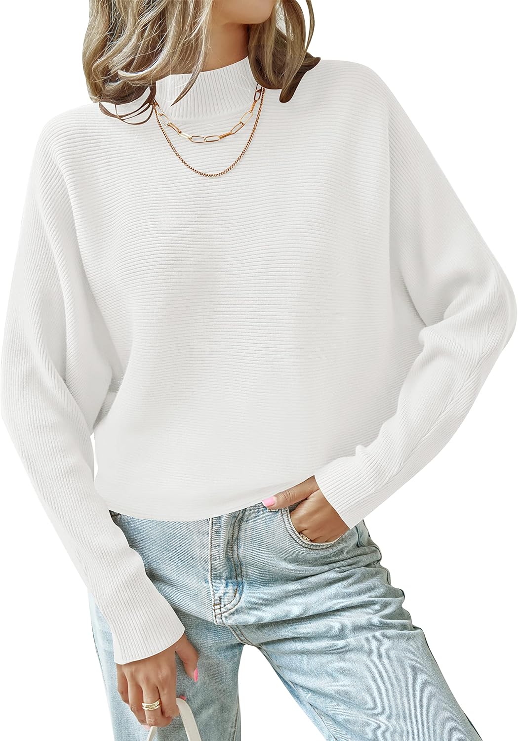 ZESICA Women's Fall Turtleneck Batwing Long Sleeve Ribbed Knit Casual Soft Pullo...