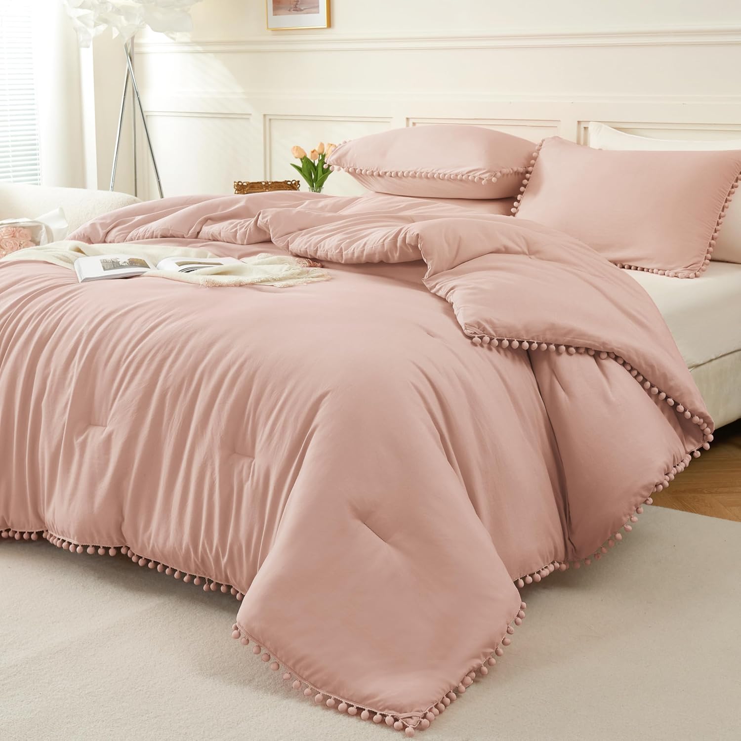 Litanika California King Comforter Set Pink,3 Pieces Blush Boho Pom Pom Lightwei...