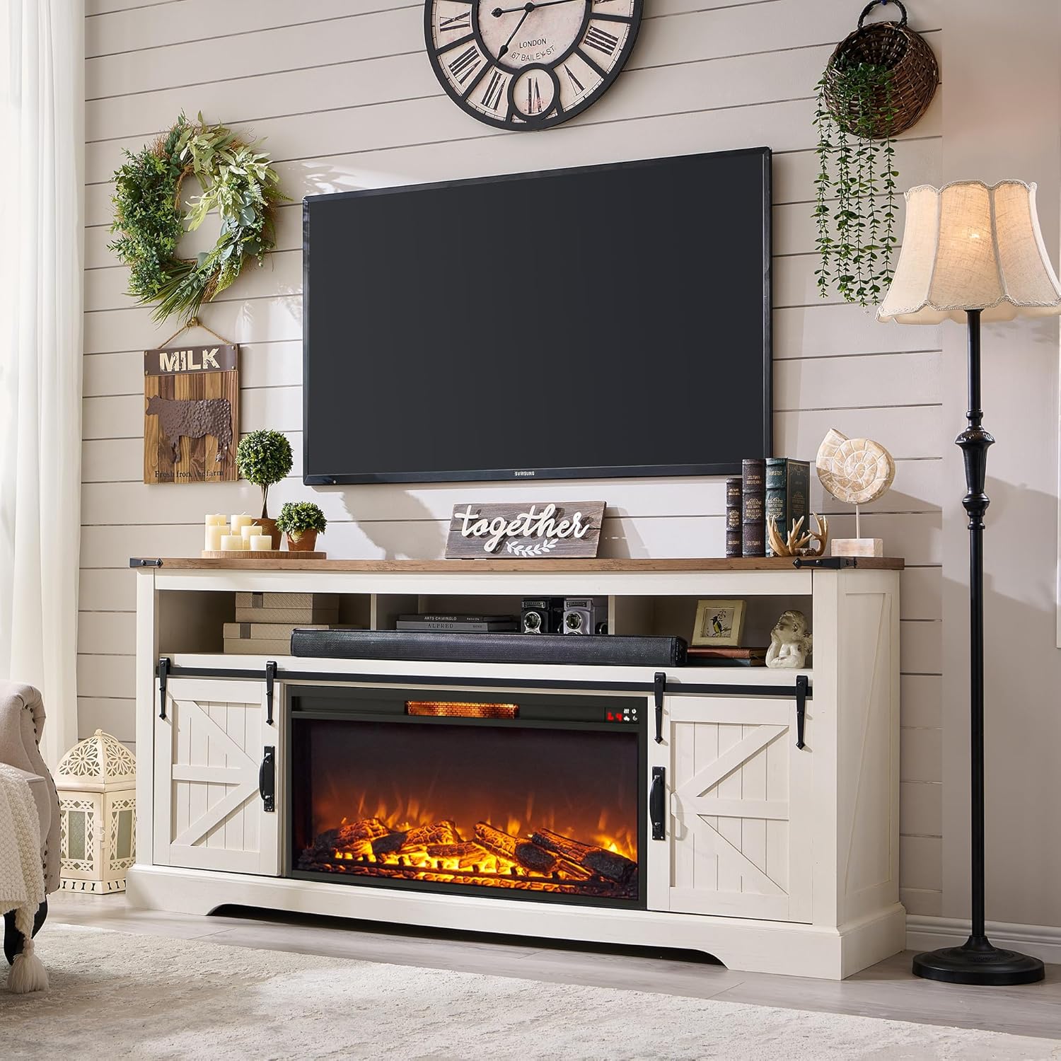 OKD Fireplace TV Stand for 80 Inch TV, 33" Tall Highboy Farmhouse Entertainment...