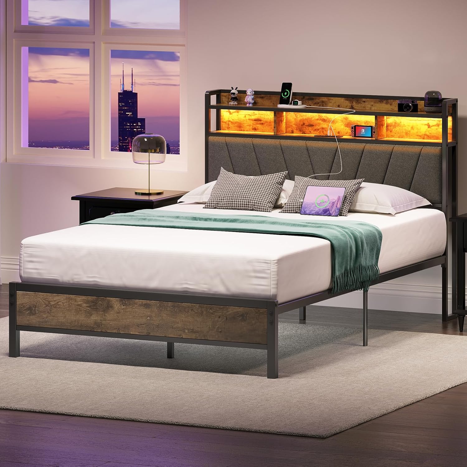 Full Bed Frames, Metal Bed Frames with Charging Station, LED Lights Bed Frames w...