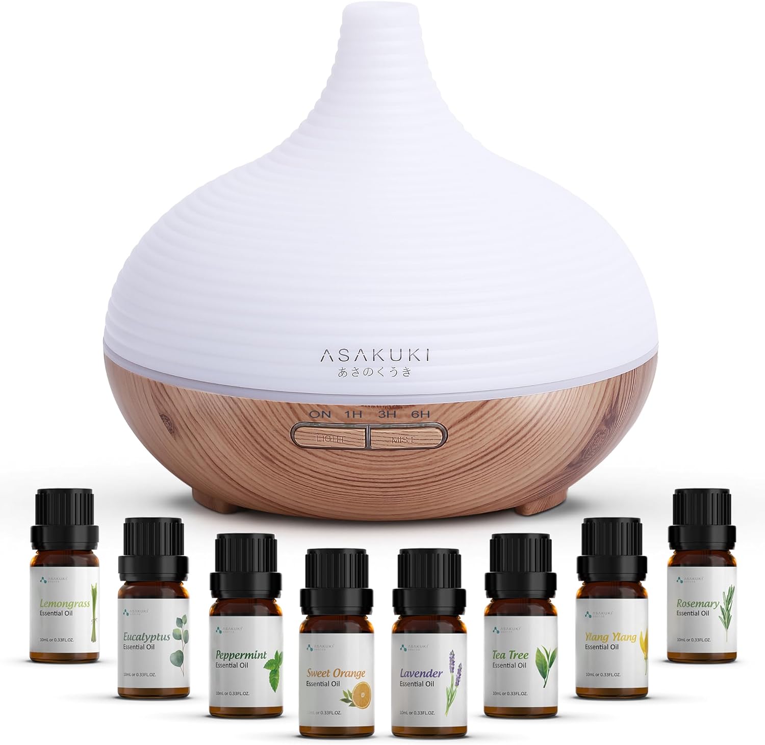 ASAKUKI 300ml Essential Oil Diffuser with 8 * 10ml Pure Essential Oil Gift Set,...