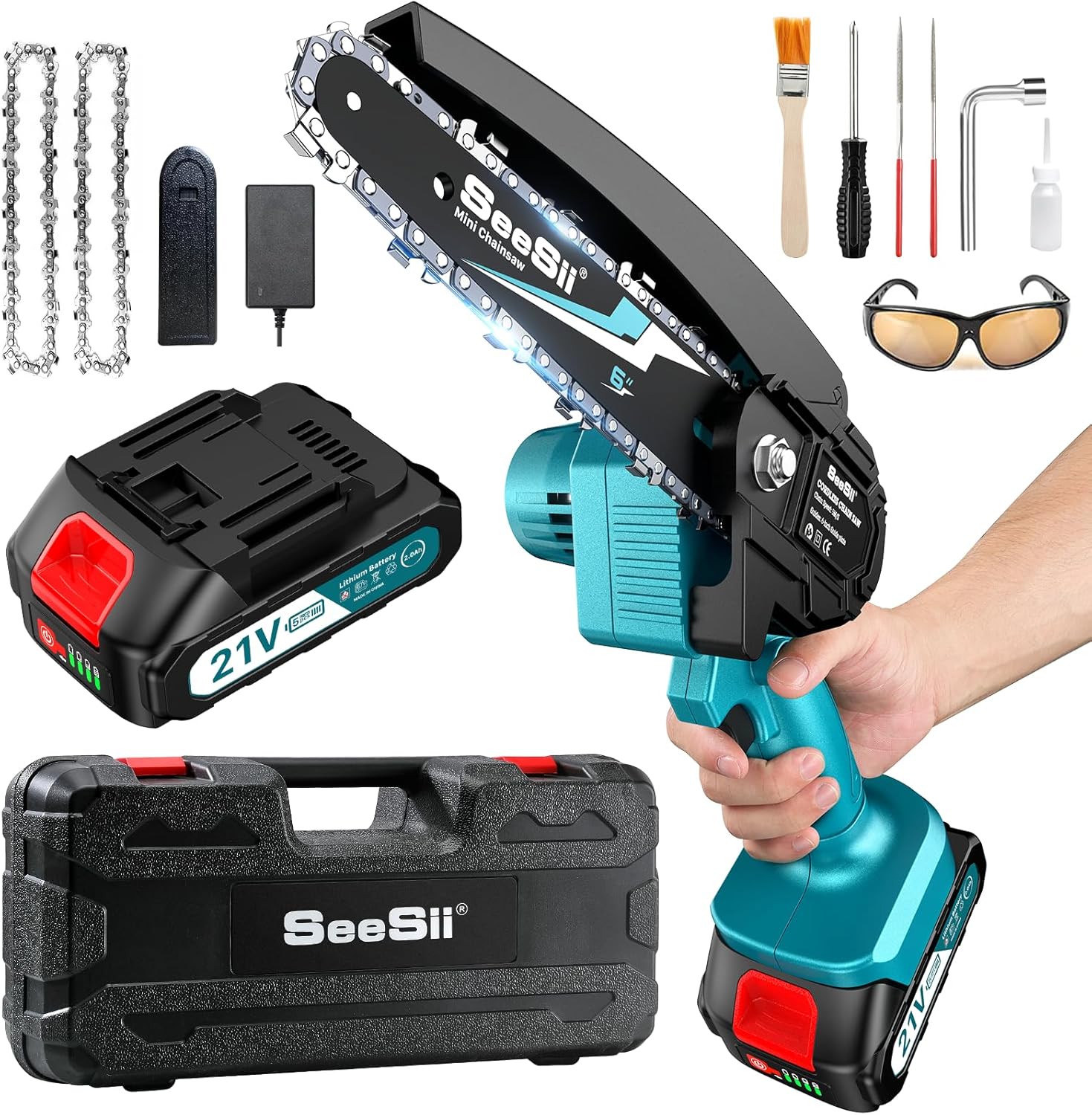 Seesii Mini Chainsaw Cordless 6 Inch with Battery, Handheld Electric Saw for Bra...
