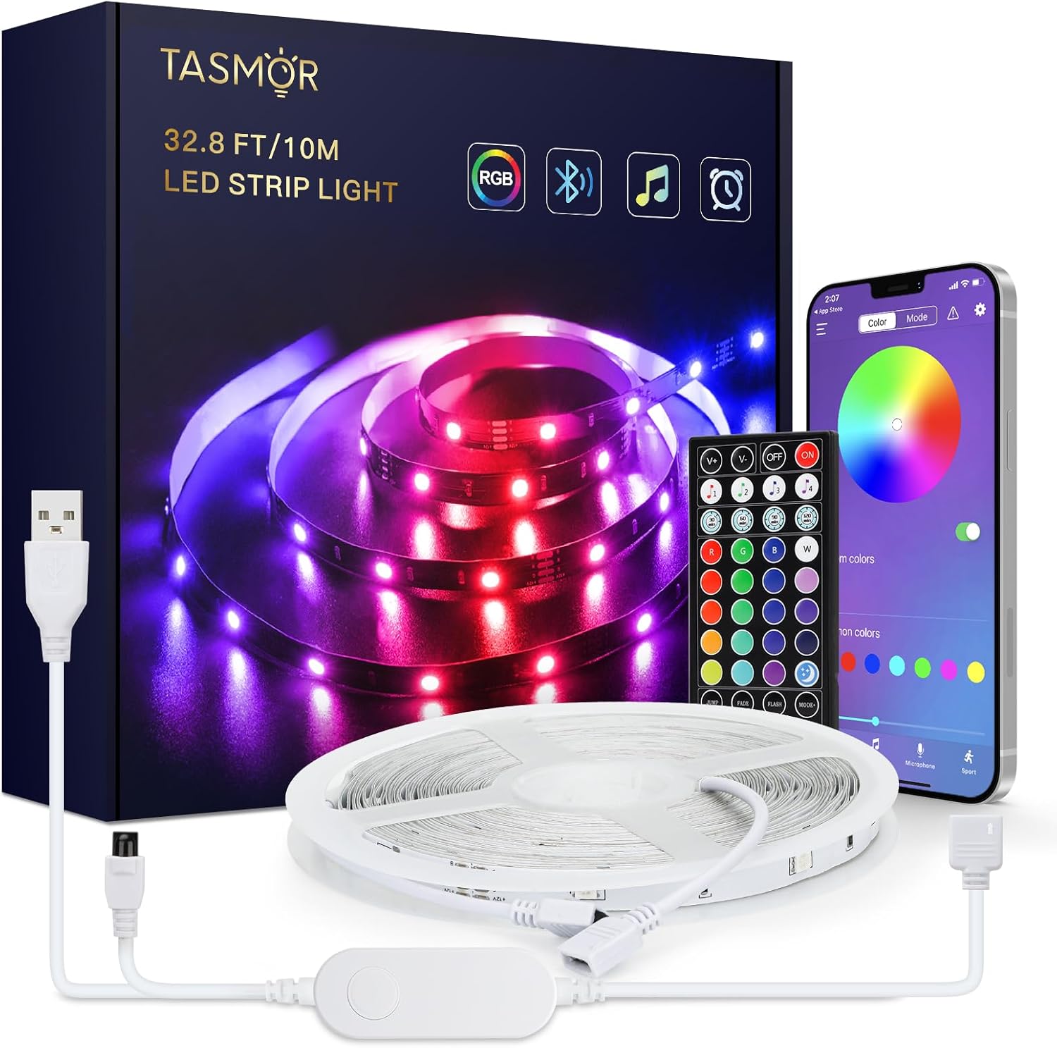 TASMOR USB LED Strip Light 10m, RGB Colour Changing Light Strips with Remote, Mu...