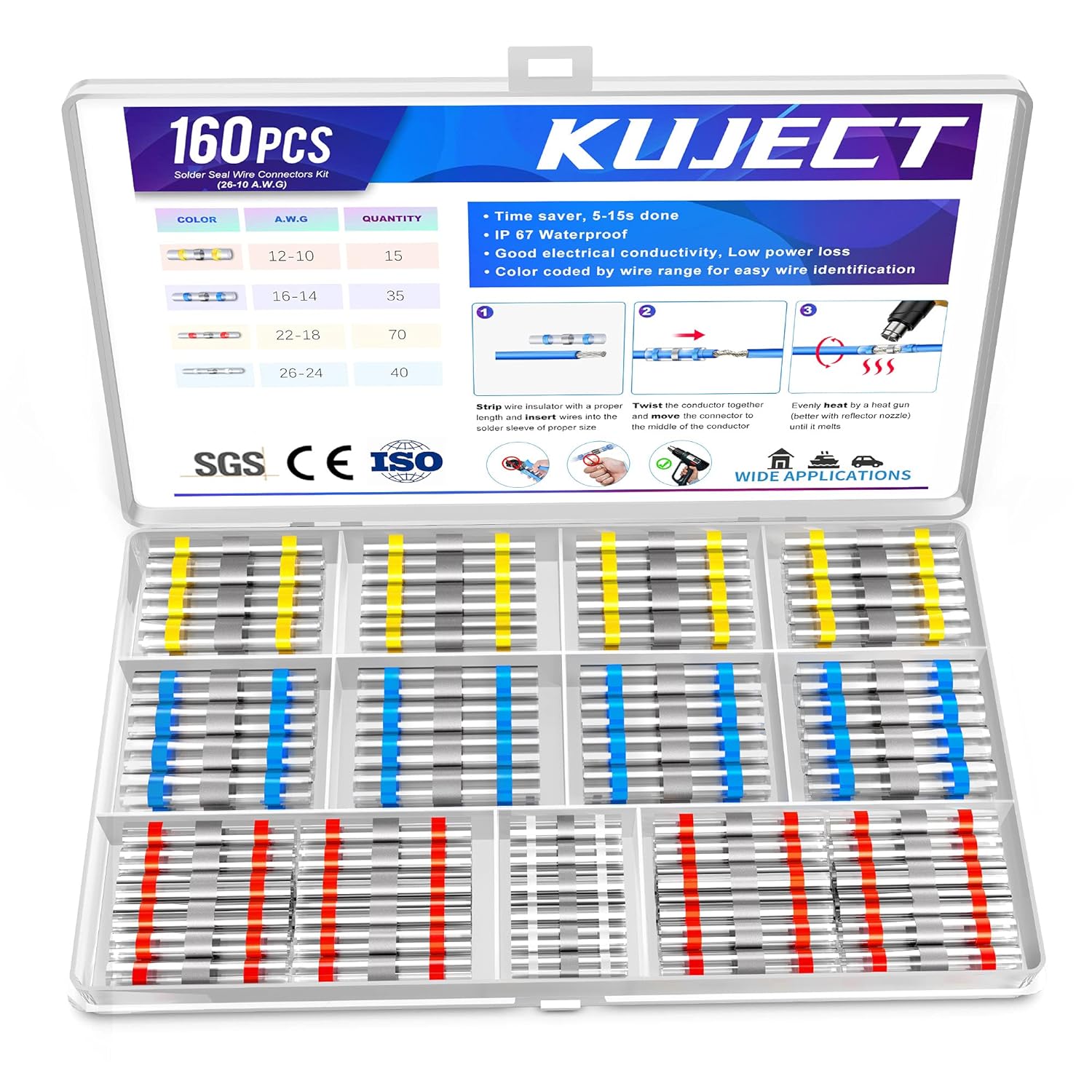 Kuject 160PCS Solder Seal Wire Connectors Kit, Waterproof Solderless Heat Shrink...