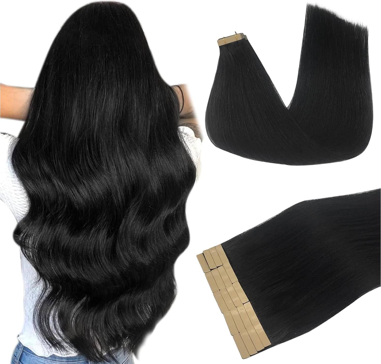 DOORES Tape in Hair Extensions Human Hair, 18 Inch 50g 20pcs Jet Black, Human Ha...