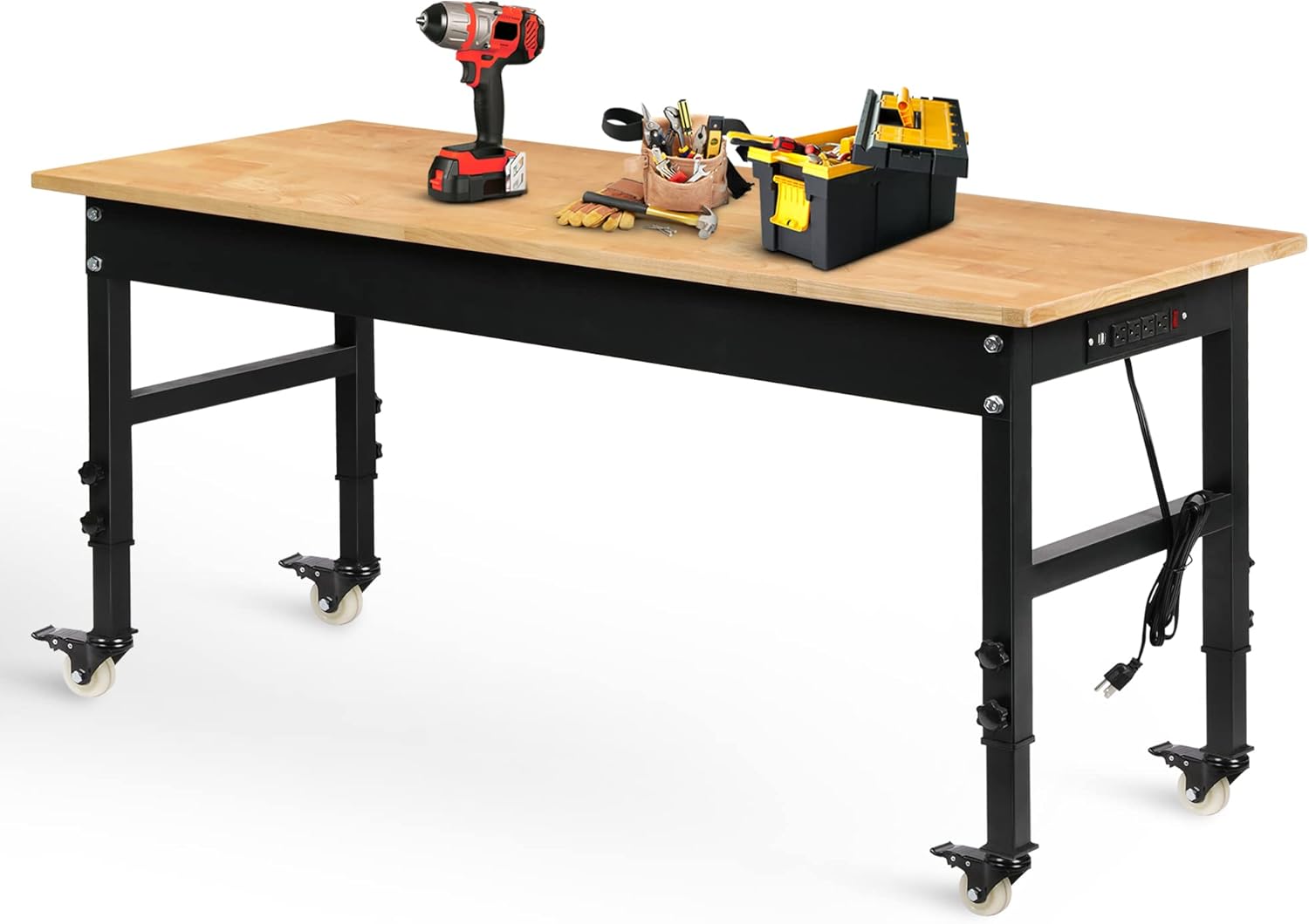 60" Adjustable Workbench for Garage, Rubber Wood Heavy Duty Workstation with Pow...