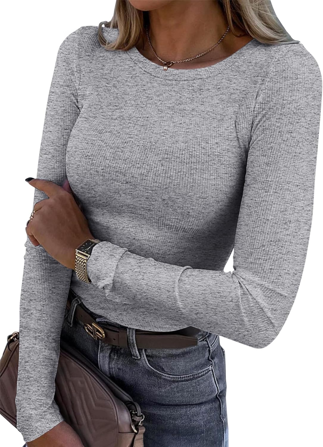 Roselux Womens Long Sleeve Stretch Crewneck Ribbed T-Shirt Fitted Casual Basic T...