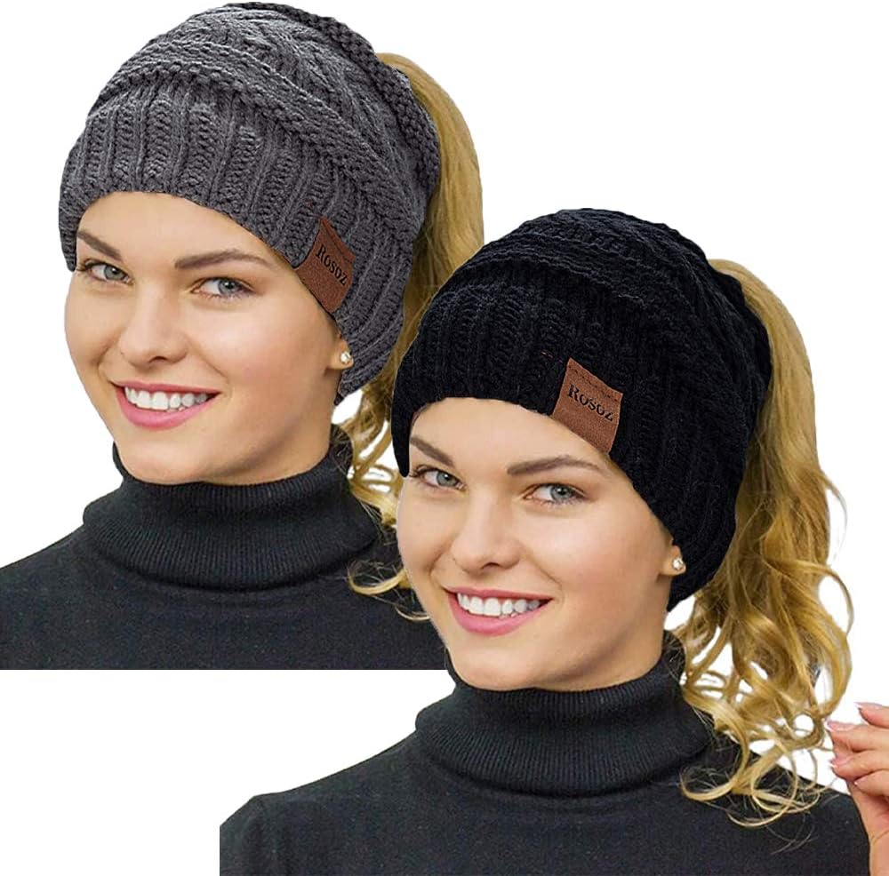 Rosoz 2 Pack Ponytail Beanie for Women,Winter Warm Beanie Tail Soft Stretch Cabl...