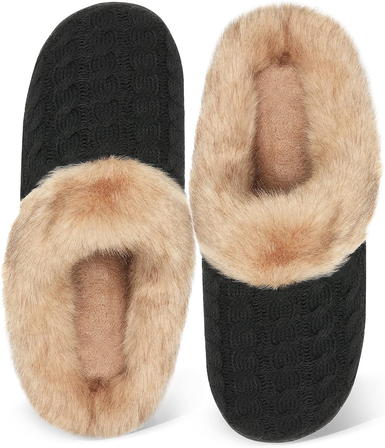WateLves Women's Memory Foam Slippers Knitted Fur Collar House Shoes Anti-Skid S...