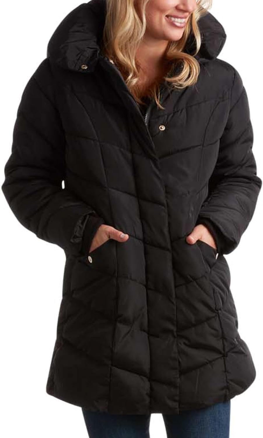 Steve Madden Women's Long Chevron Quilted Outerwear Jacket Black Medium