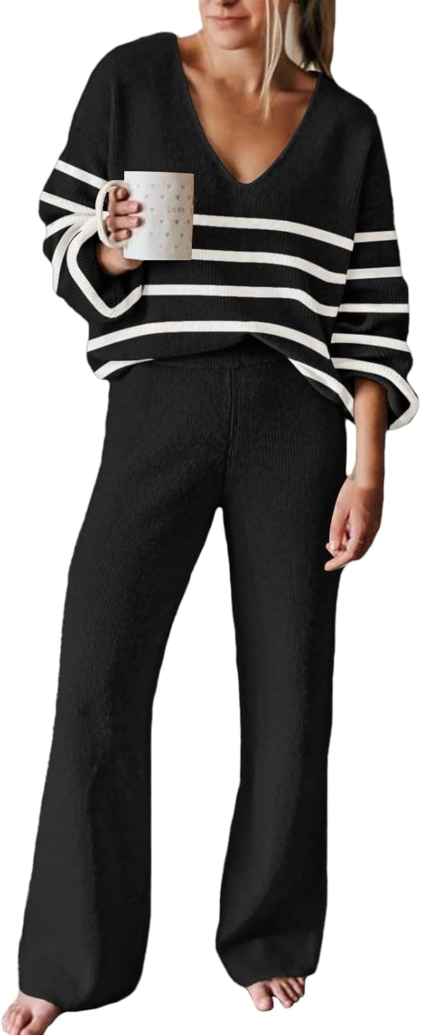 Viottiset Women's 2 Piece Outfits Casual V Neck Knit Wide Leg Sweater Lounge Set...