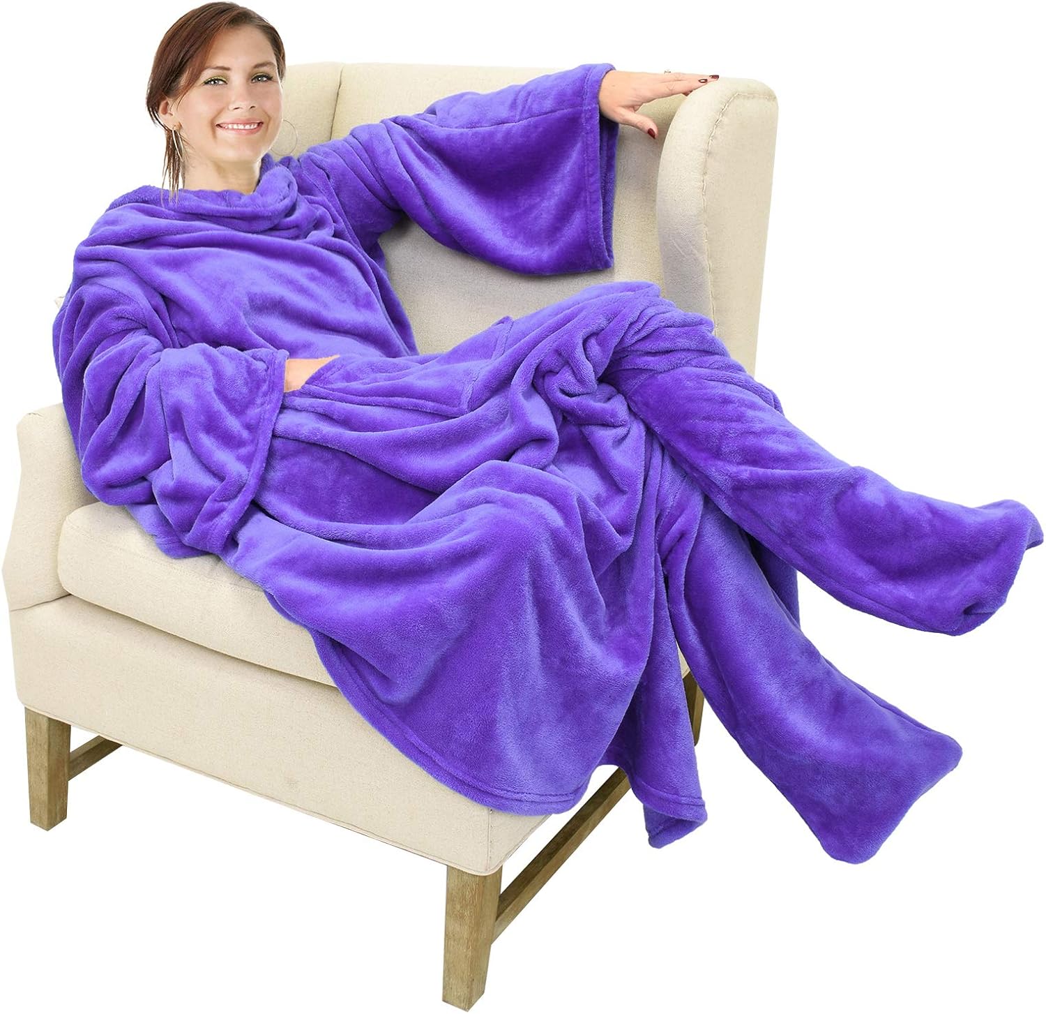 Catalonia Wearable Fleece Blanket with Sleeves and Foot Pockets for Adult Women...