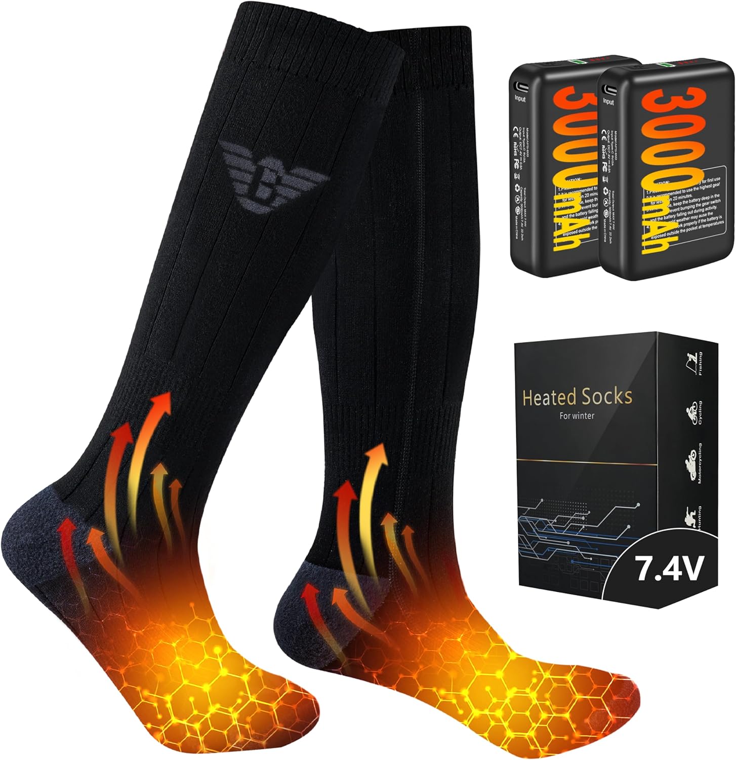 Heated Socks Men Women - 7.4V 3000mAh Rechargeable Electric Socks for Camping Fi...