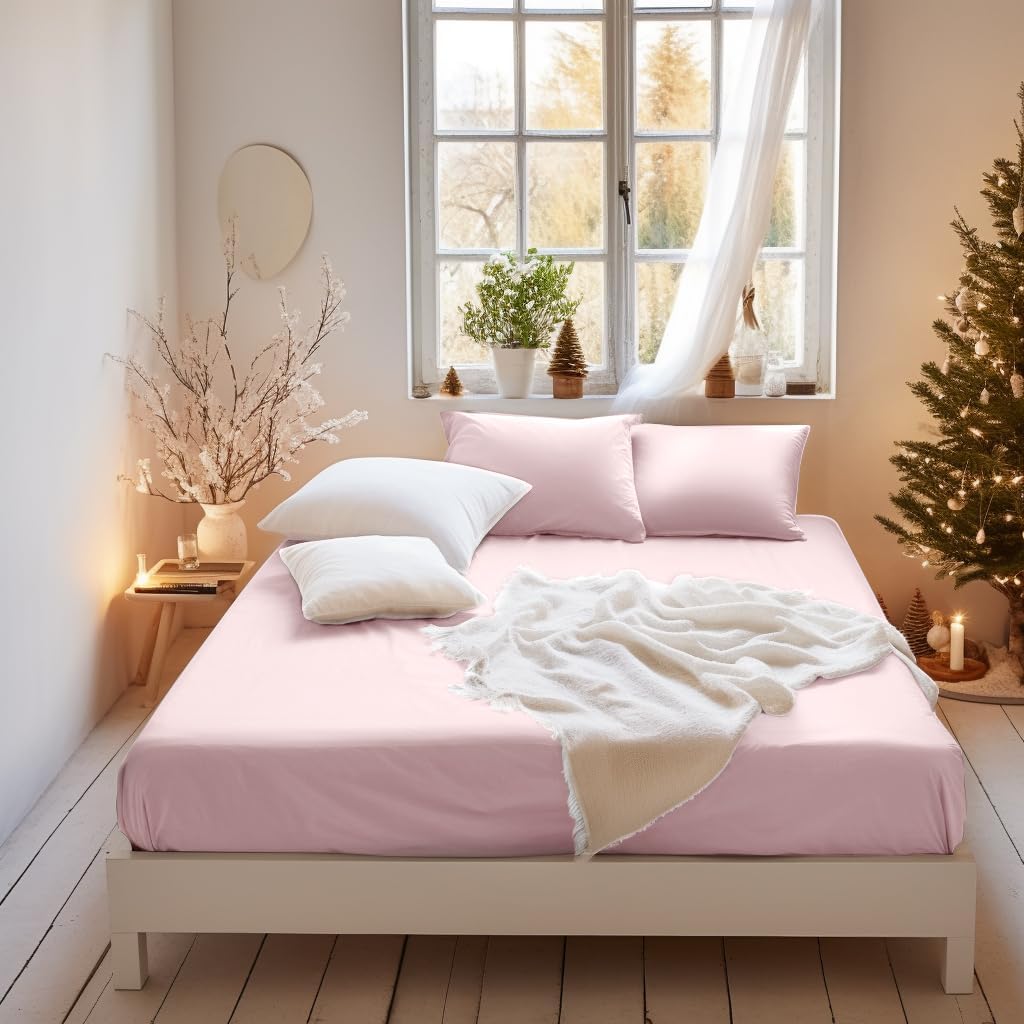 MOHAP King Size Fitted Sheet Pink with Extra Deep 16 inch 40 cm Pocket Bed Sheet...