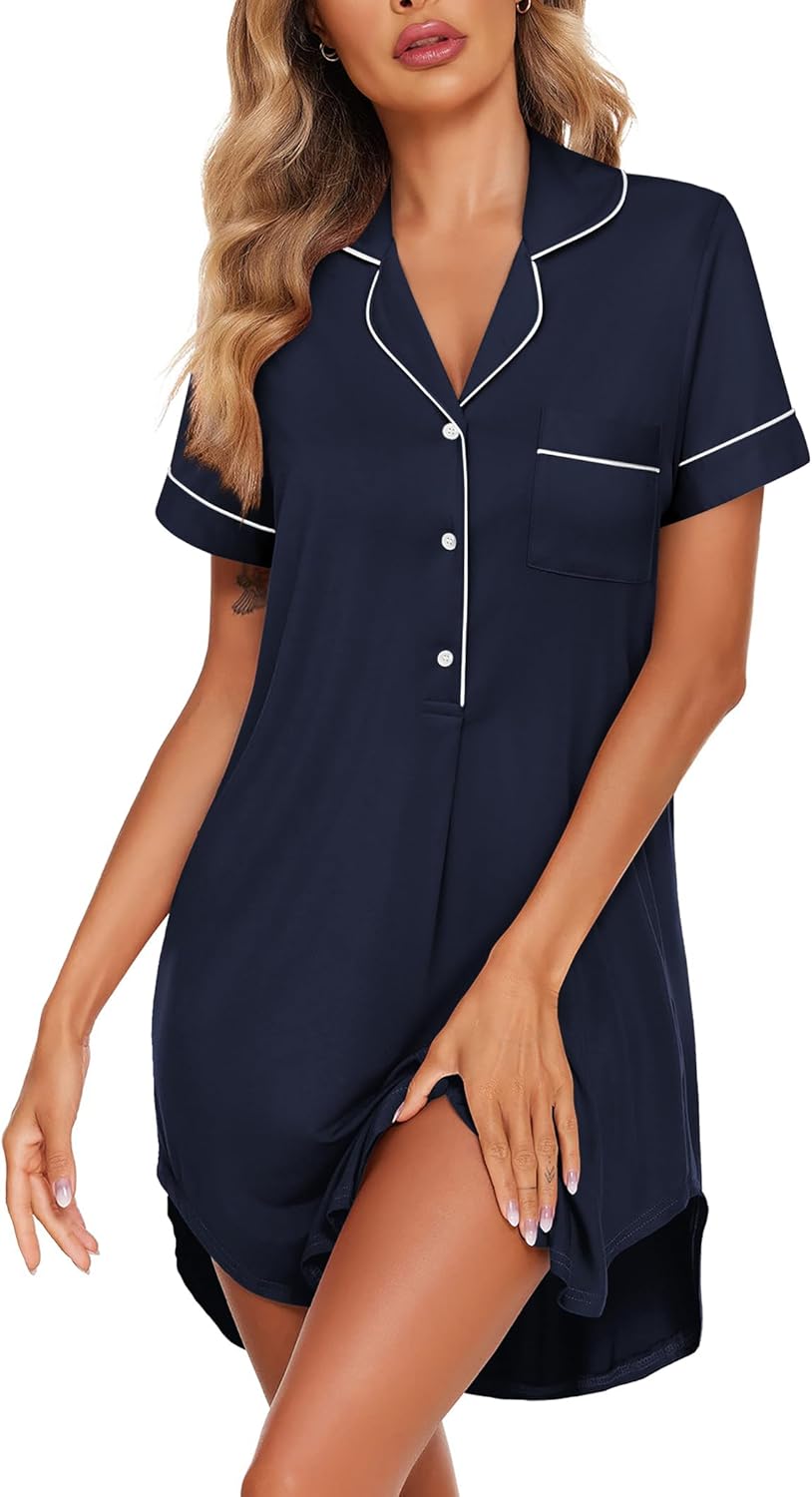Ekouaer Women's Nightgown Button Down Nightshirt V Neck Sleepshirt Short Sleeve...