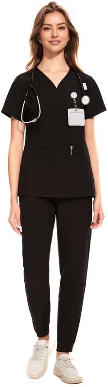 COZYFIT Medical Scrubs for Women Set - Curved V-Neck Scrub Top & Jogger Pants wi...