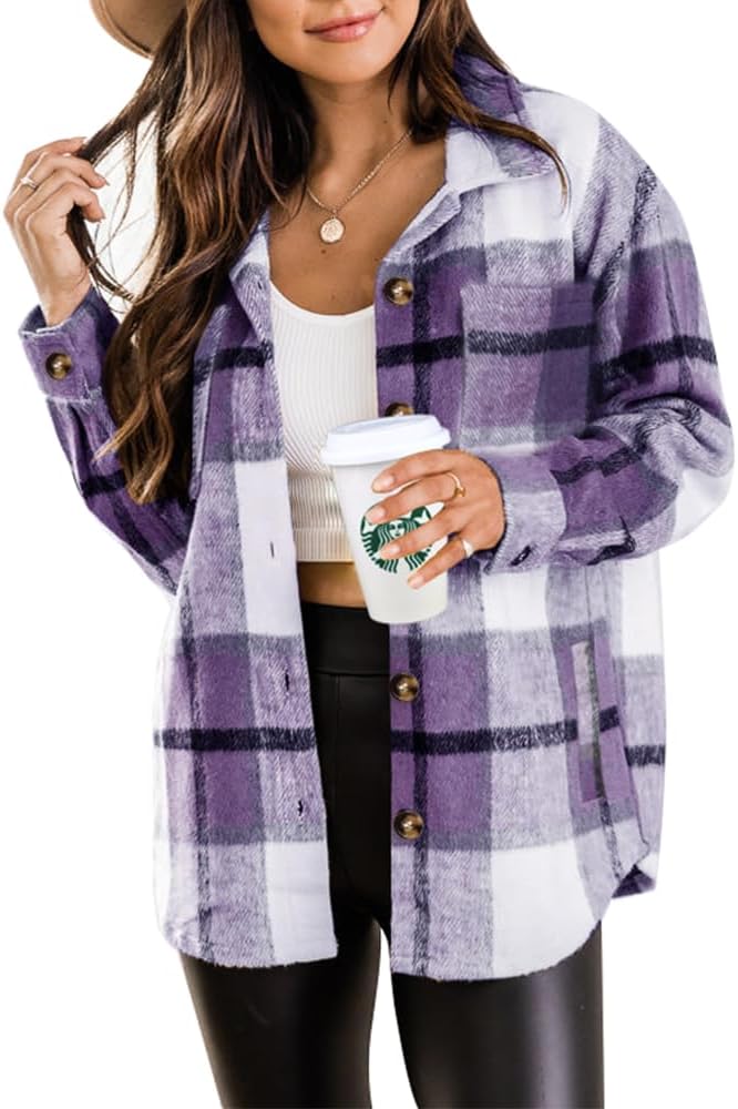 Beaully Women's 2024 Fall Clothes Plaid Shacket Jacket Long Sleeve Button Down F...