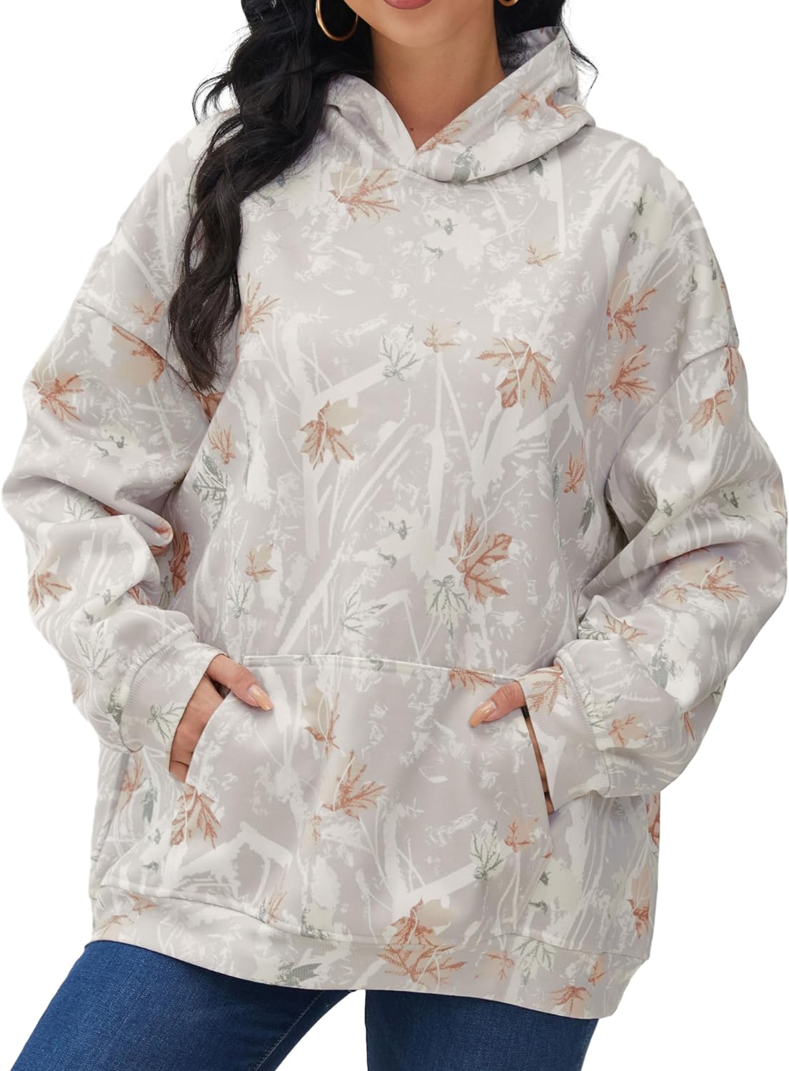 Womens Camo Hoodies Maple Leaf Print Oversized Hooded Sweatshirt Fleece Pullover...