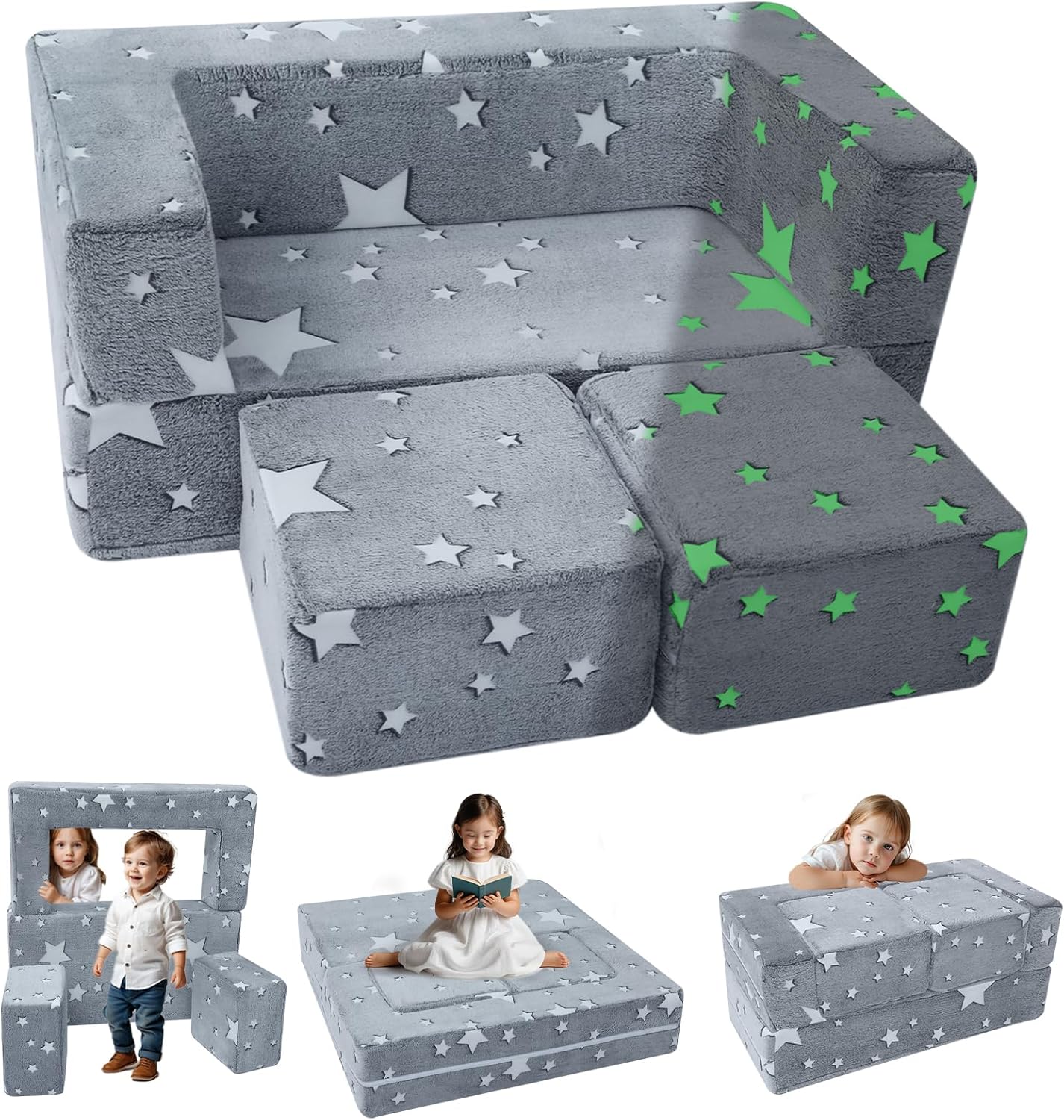 MeMoreCool Modular Kids Play Couch Sofa – Glow in The Dark Star Design, Fold-Out...