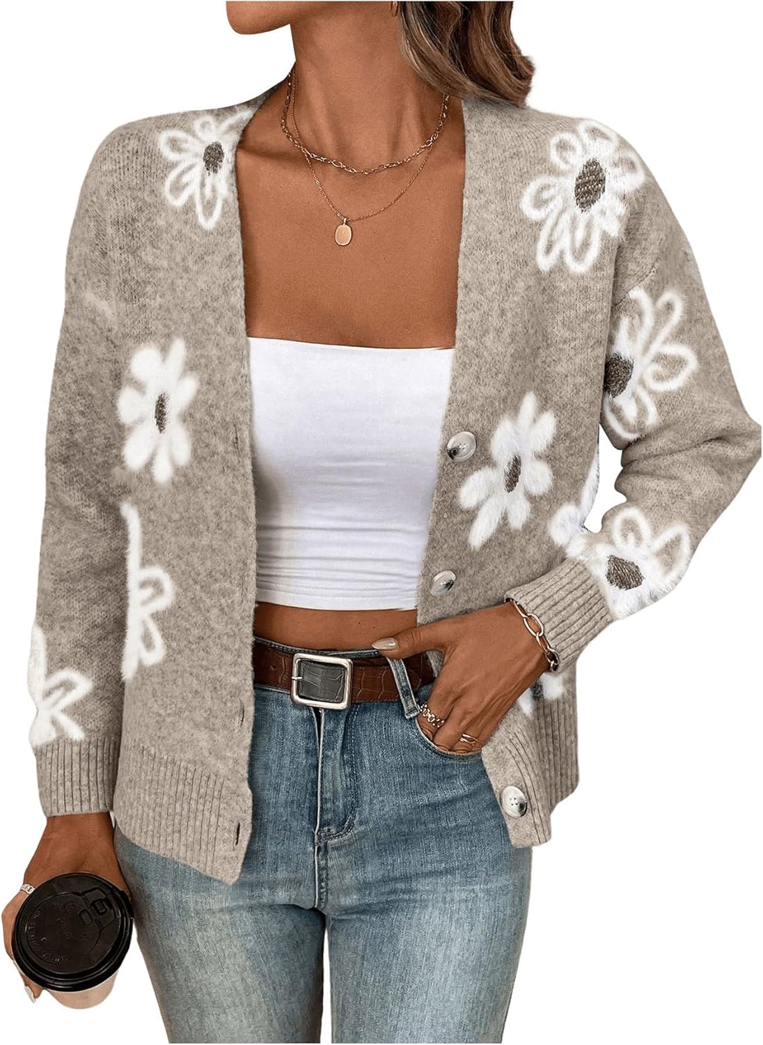 SHENHE Women's Floral Print Button Down Cardigan V Neck Drop Shoulder Knit Outer...
