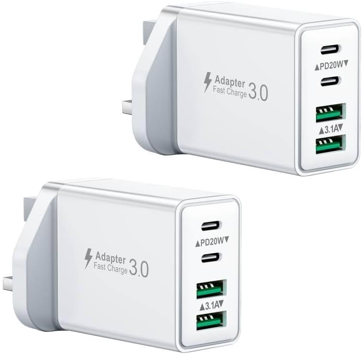 2-Pack 40W USB C Plug, Multi UK USB Plug Fast Charger Plug Multiple Charging Hea...