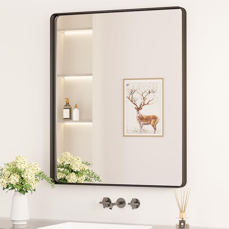 Keonjinn Black Framed Mirrors for Bathroom 30 x 36 Inch Rounded Rectangle Wall M...