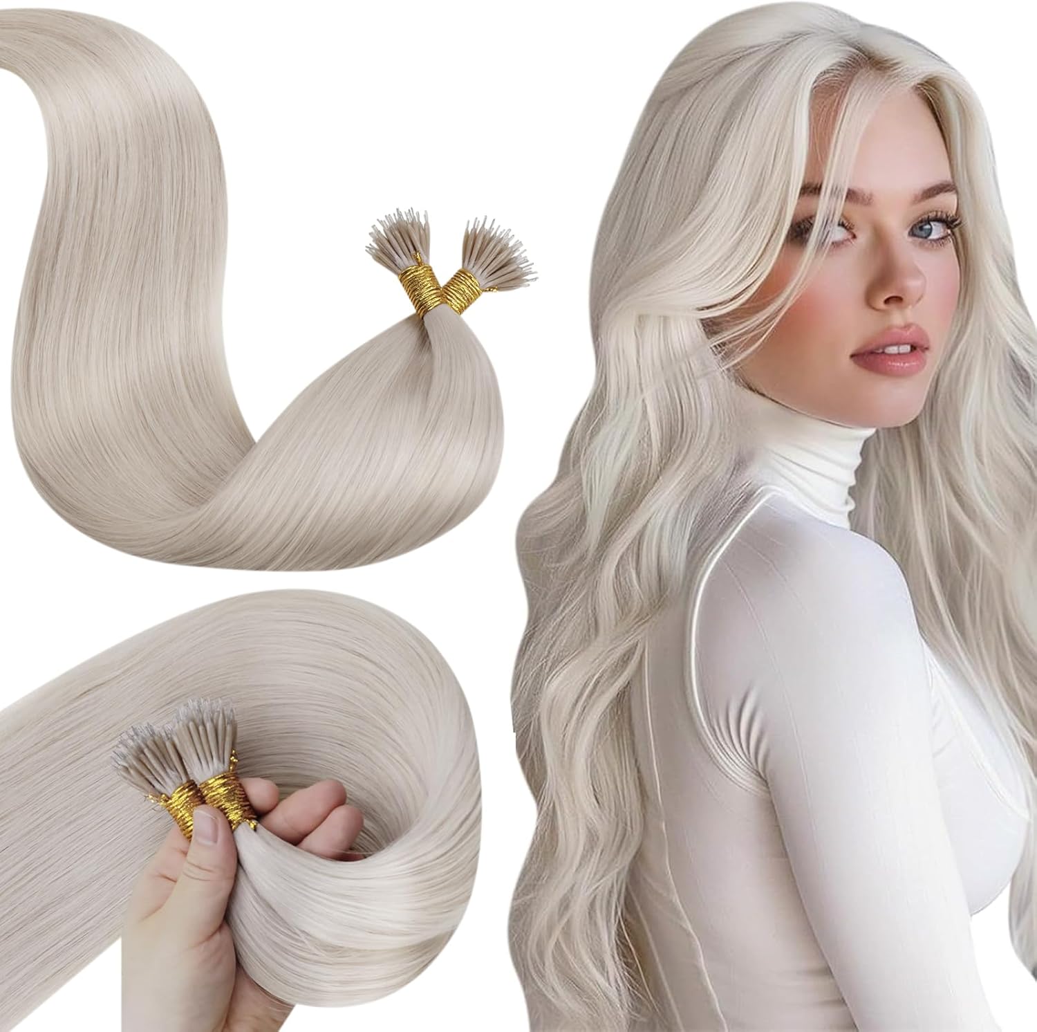 LaaVoo Nano Hair Extensions Real Human Hair 20 Inch 50s 50g White Blonde Nano Be...