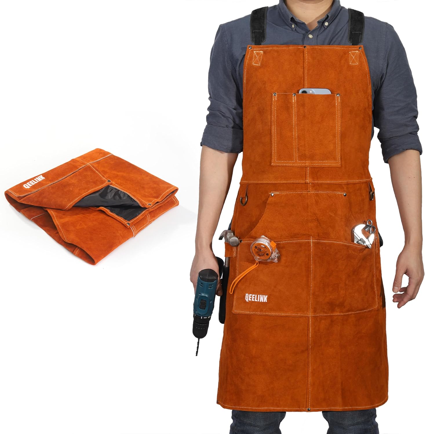 QeeLink Leather Welding Work Apron with 6 Tool Pockets, Heat & Flame Resistant A...