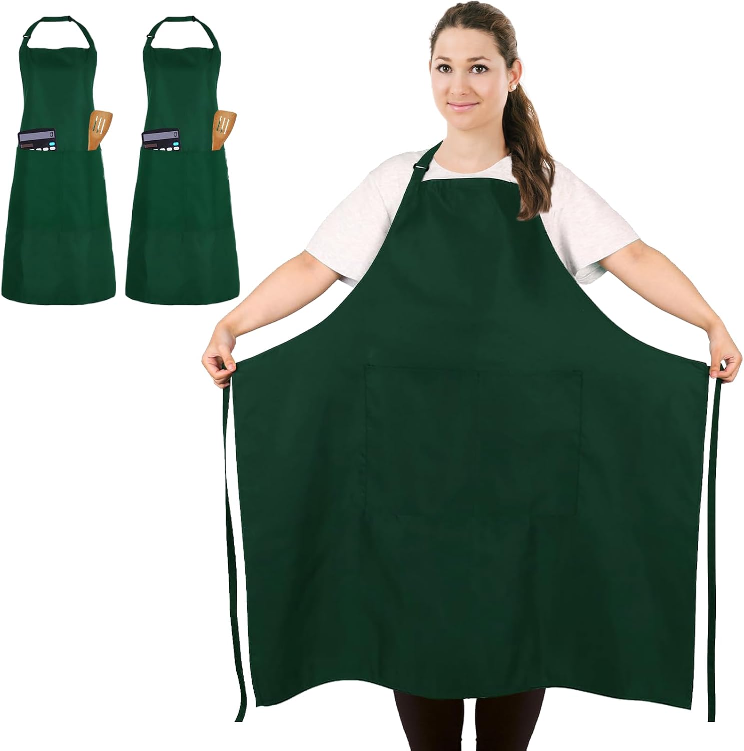 FunChaos 2 Pcs Plus Size Chef Apron, Green Apron, Unisex Apron with 2 Pockets fo...