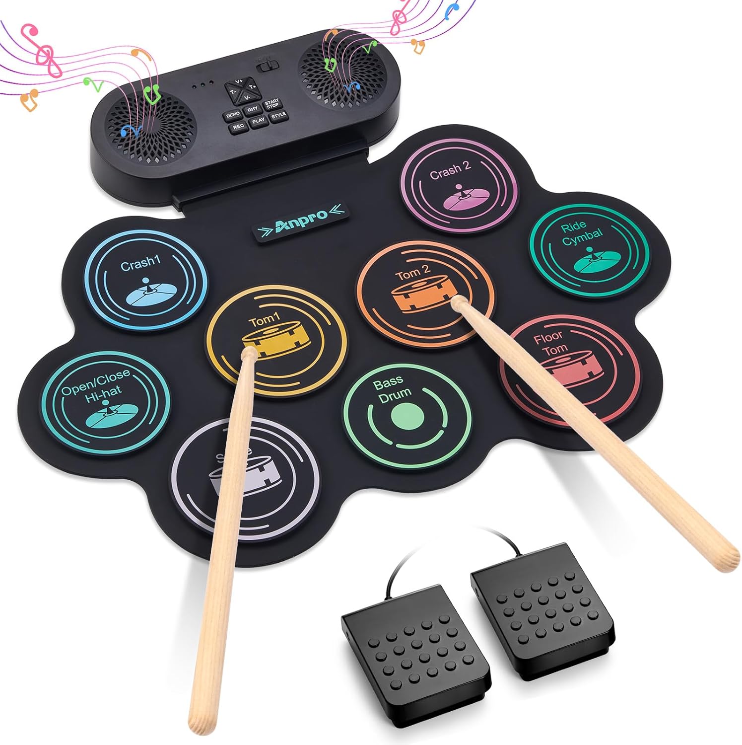 Anpro Electric Drum Set, 9 Drum Pad with Dual Stereo Speakers, Roll-up Electroni...