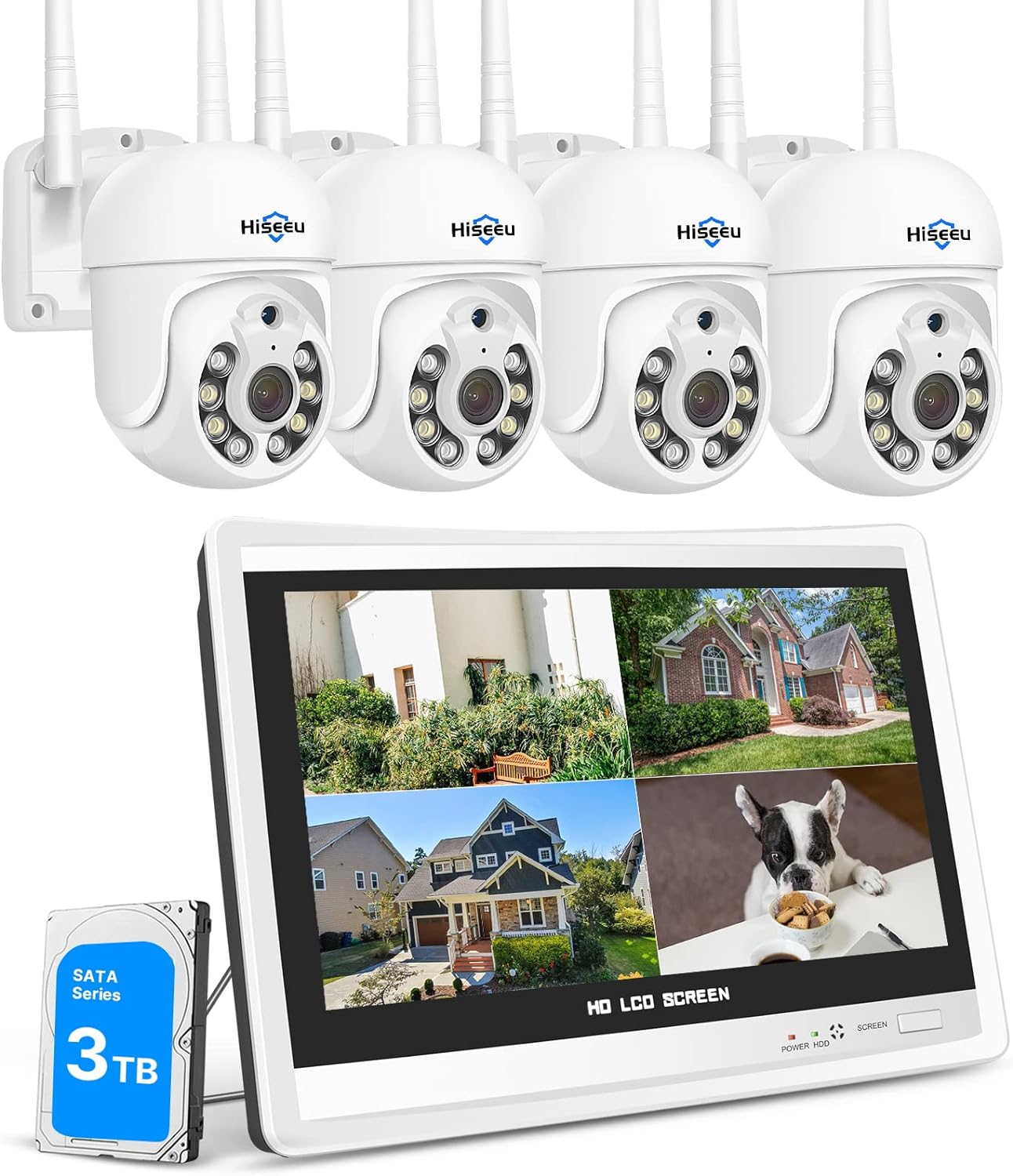 【PTZ+3TB】Hiseeu 5MP Wireless PTZ Security Camera System with 12" Monitor, 10CH...