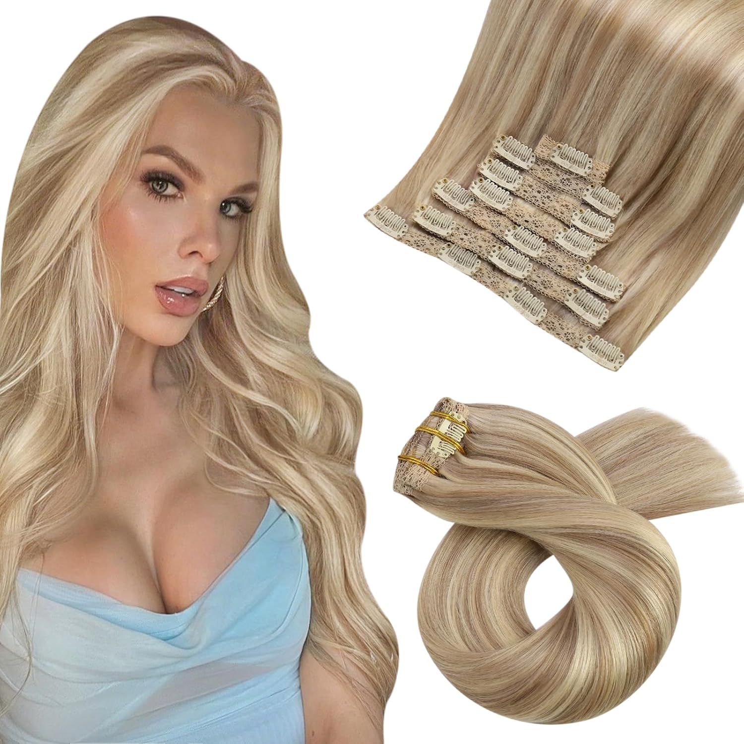 Moresoo Blonde Clip in Hair Extensions Real Human Hair Clip in Extensions Honey...