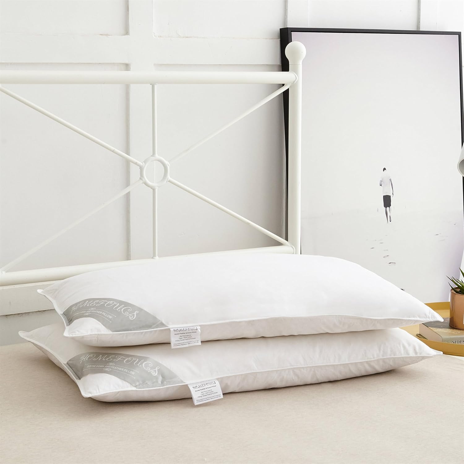 HOMEFOUCS Pair Goose Feather and Down Pillows, 100% Cotton Shell, Non-allergenic...