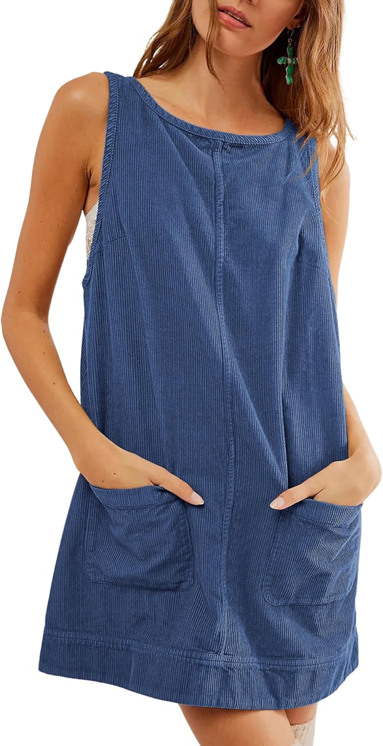 Hooever Women's Corduroy Overall Dress Round Neck A Line Skirtall Jumper Mini Dr...