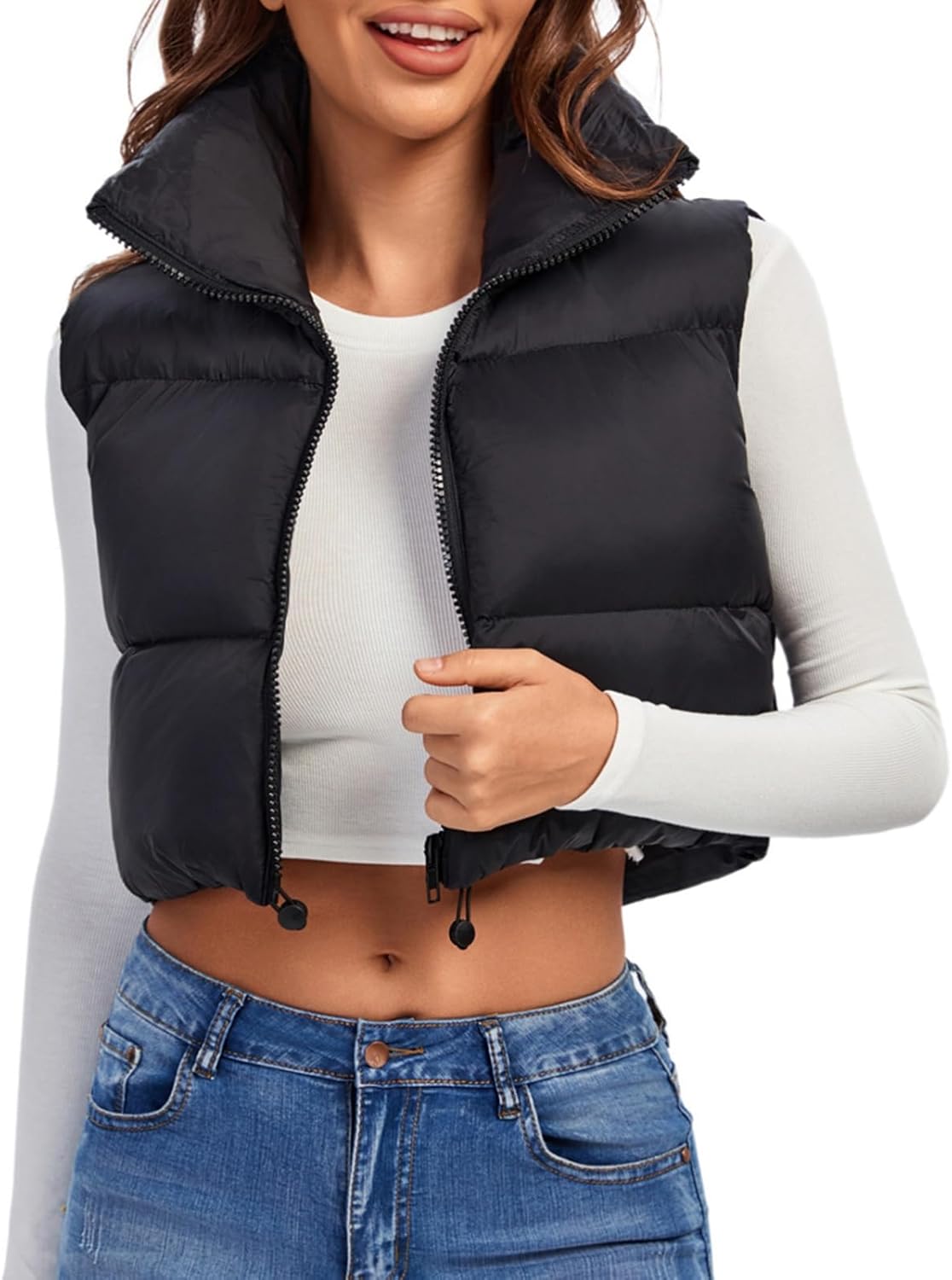 Fuinloth Women's Padded Vest, High Stand Collar Lightweight Zip Crop Puffer Gile...
