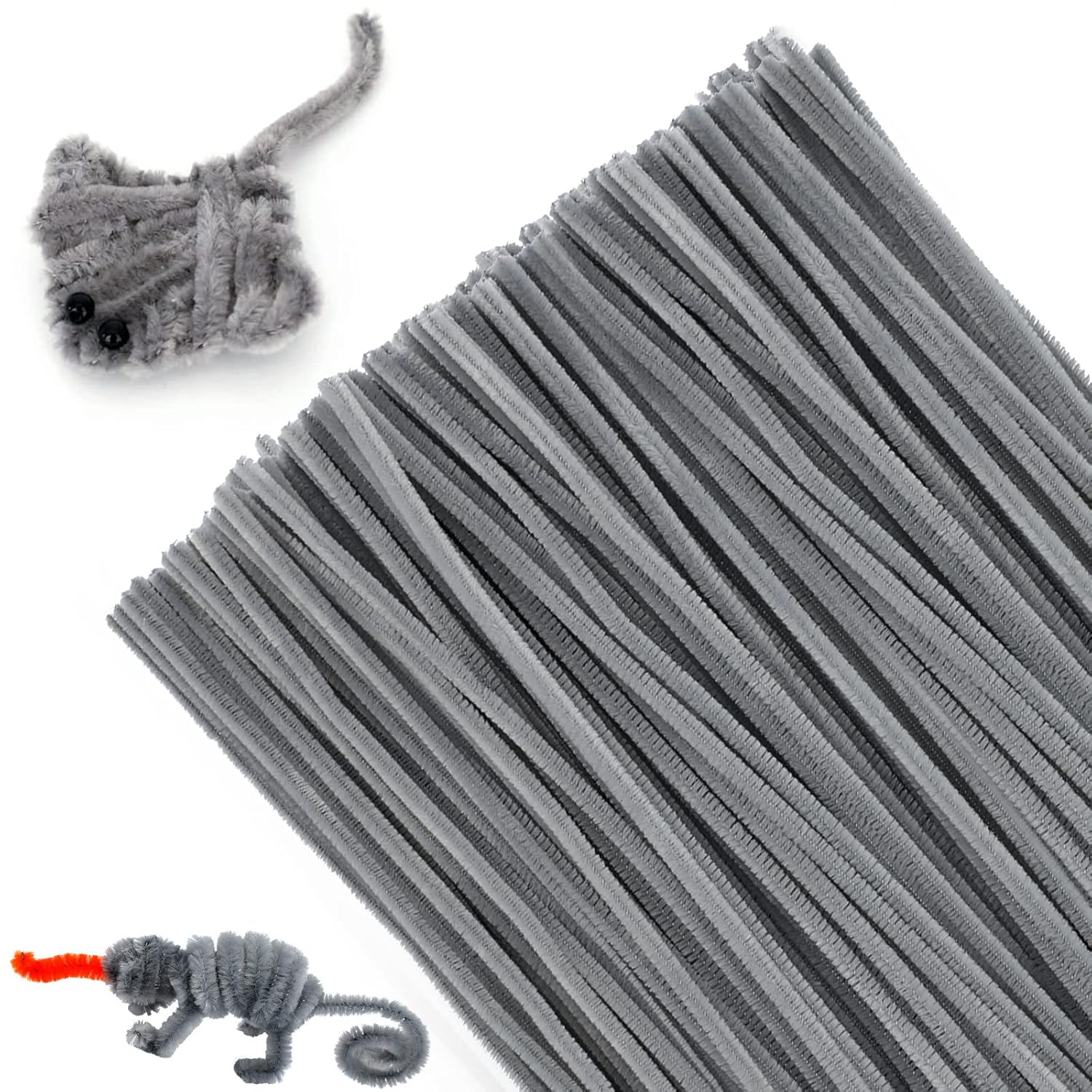 G2PLUS Grey Pipe Cleaners for Craft, 30cm Long Crafting Pipe Cleaners, 6mm Cheni...