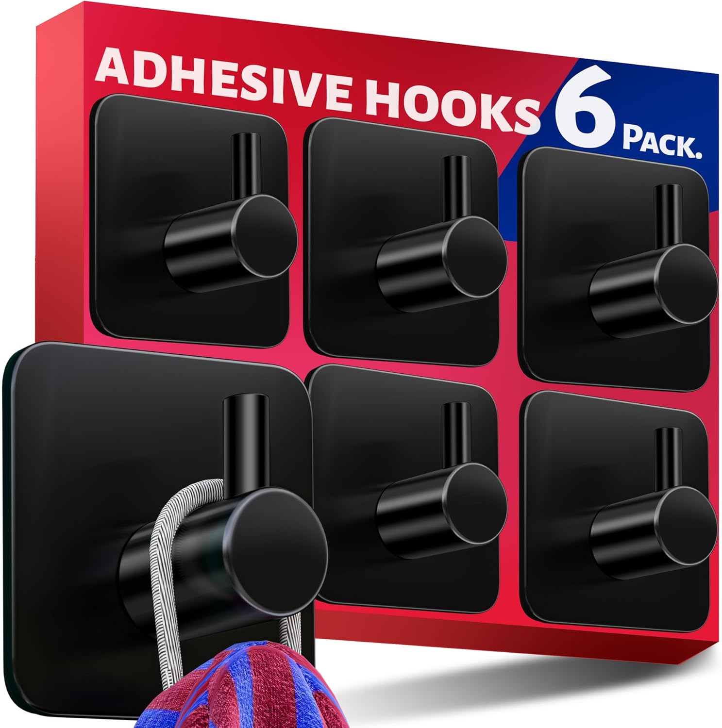 Menz Self Adhesive Hooks, Set of 6 – Black Stick on Hooks Waterproof, Strong Sti...
