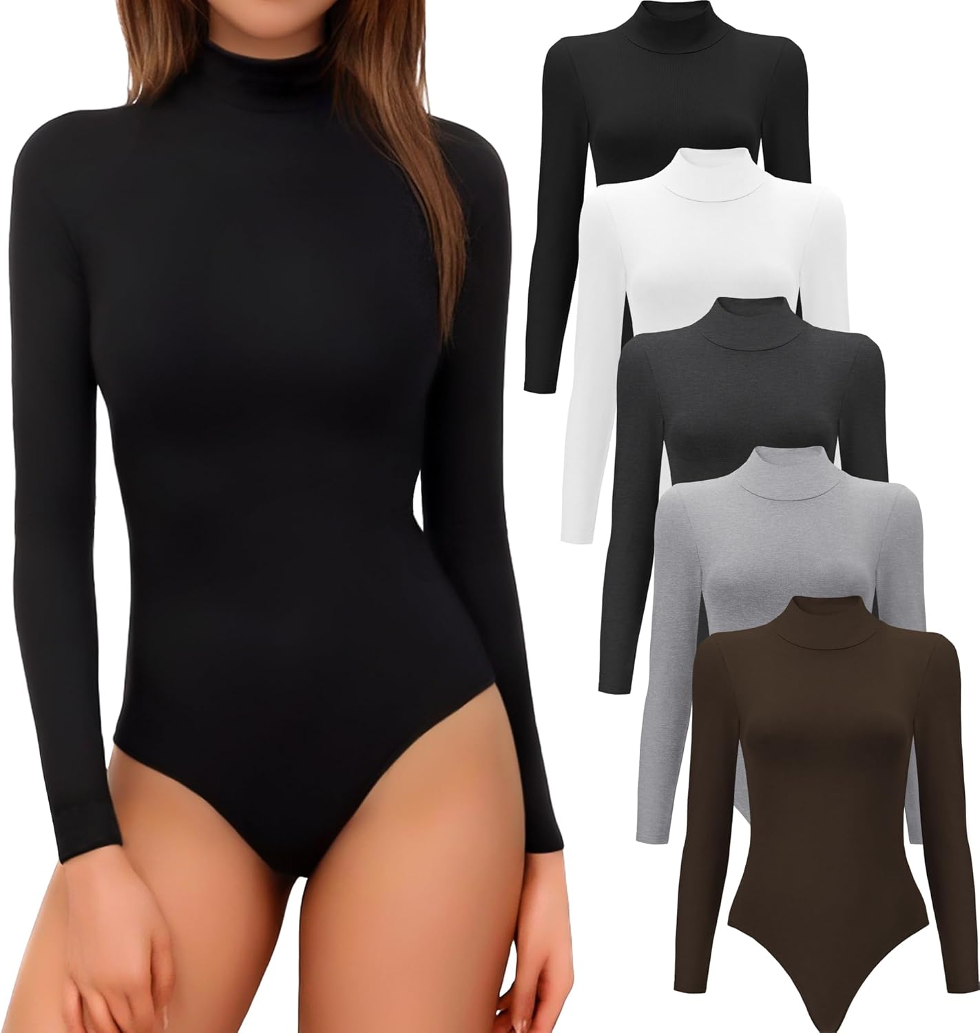 4/5 Pack Long Sleeve Bodysuit for Women Mock Turtleneck Casual Basic Stretchy Bo...