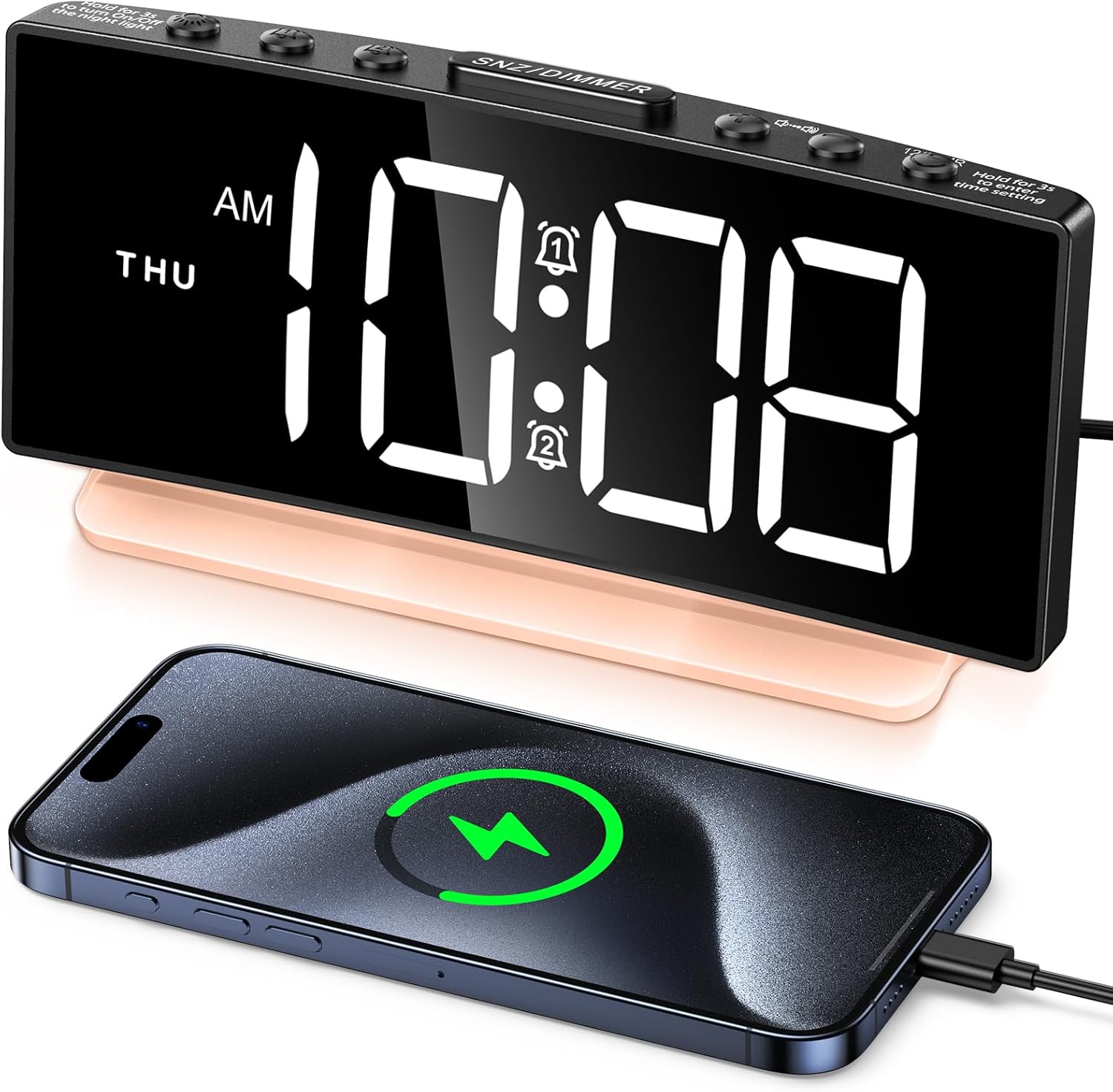 EOIWUY Alarm Clock for Bedrooms, [Large Display] Digital Bedside Clock with Curv...