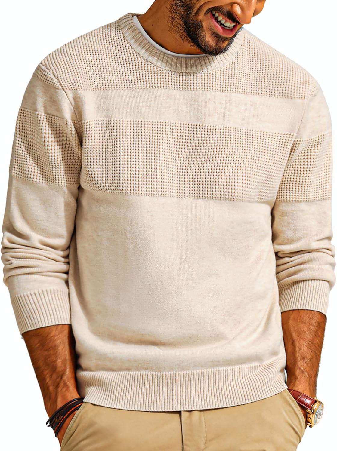 PJ PAUL JONES Mens Sweater Casual Crew Neck Pullover Textured Knit Sweaters Apri...