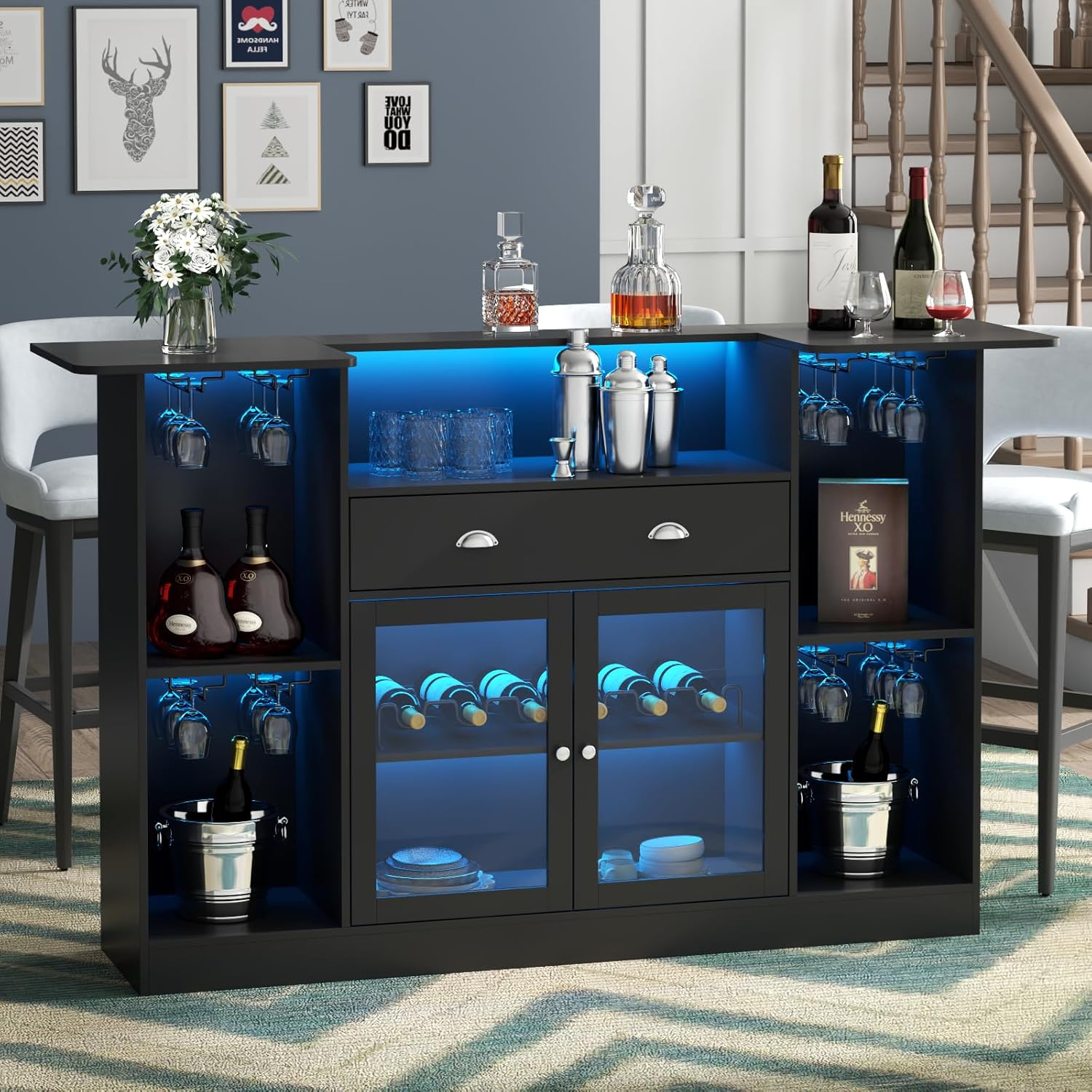 Loomie Bar Table Cabinet with LED & Drawer, Mini Liquor Bar with 8-Tier Storage...