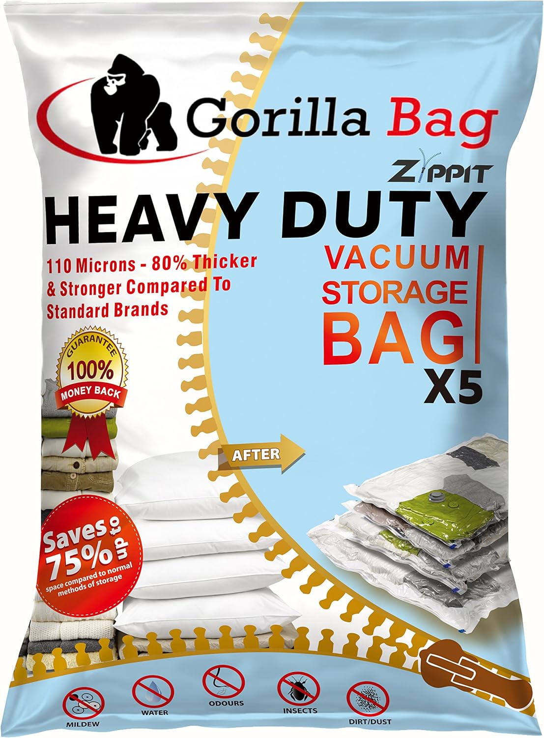 HEAVY DUTY 5 VACUUM STORAGE BAGS by Gorilla Bags, Extra Large 100x80cm. Extra St...