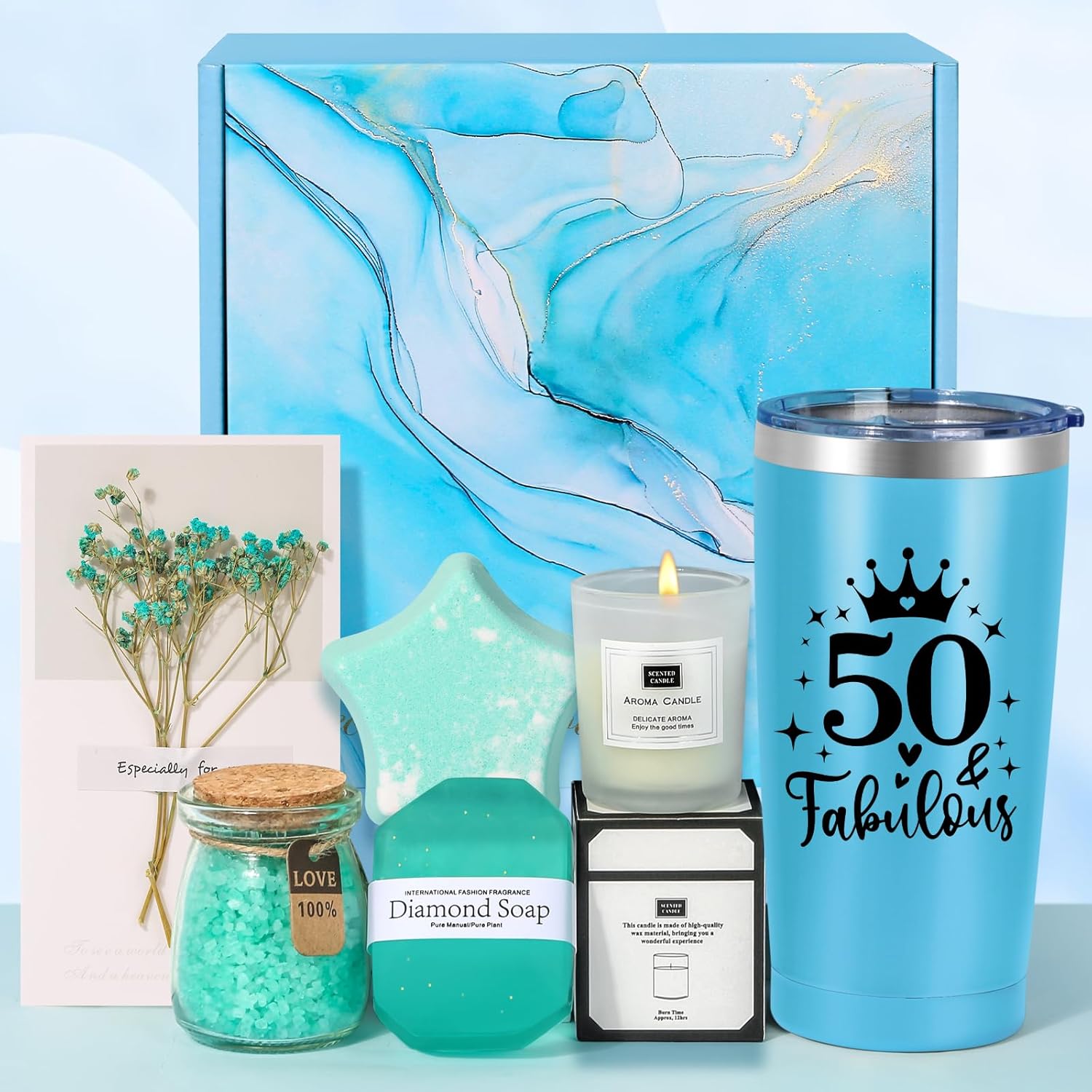 50th Birthday Gifts for Women, Unique Blue Self Care Package Relaxation Spa Bath...